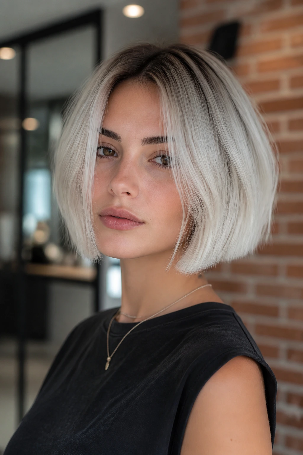 Portrait of platinum shadow root on a short bob with dark roots and pale ends