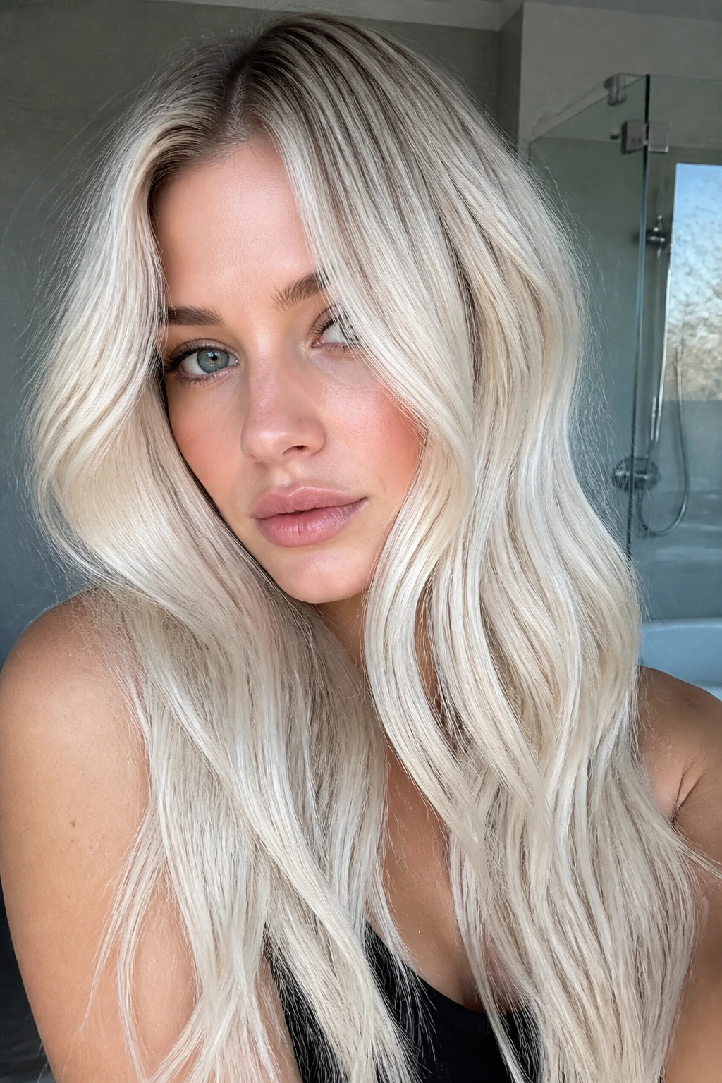Close-up of real woman's platinum hair with a soft shadow root