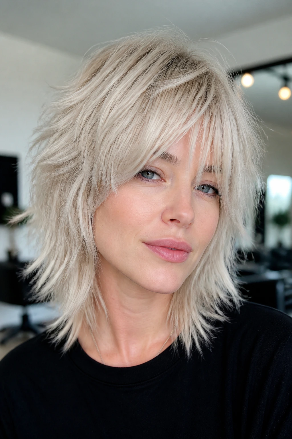 Close-up of platinum shag with piecey texture on a real woman.
