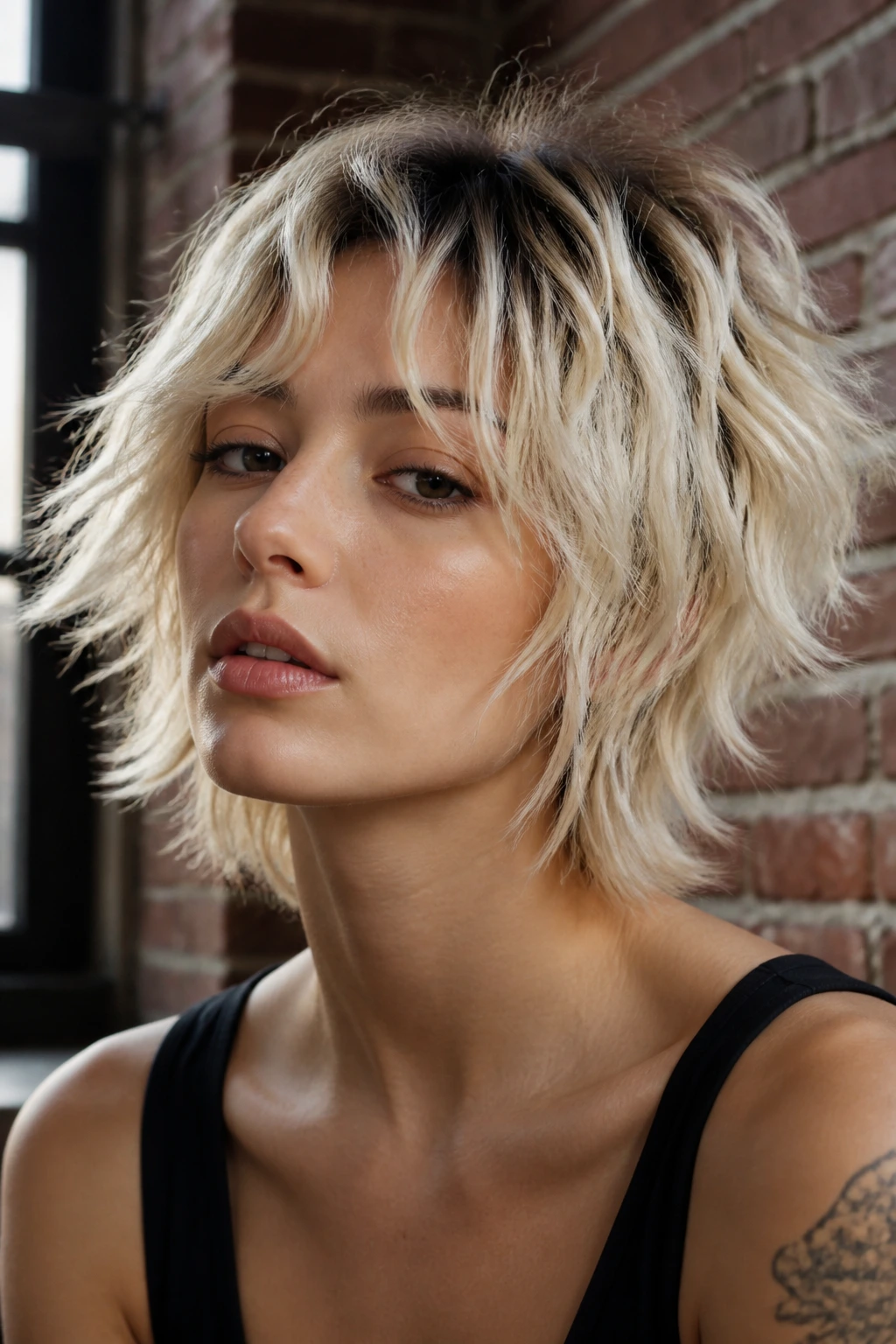 Real person with choppy platinum shag and dark roots in urban loft lighting