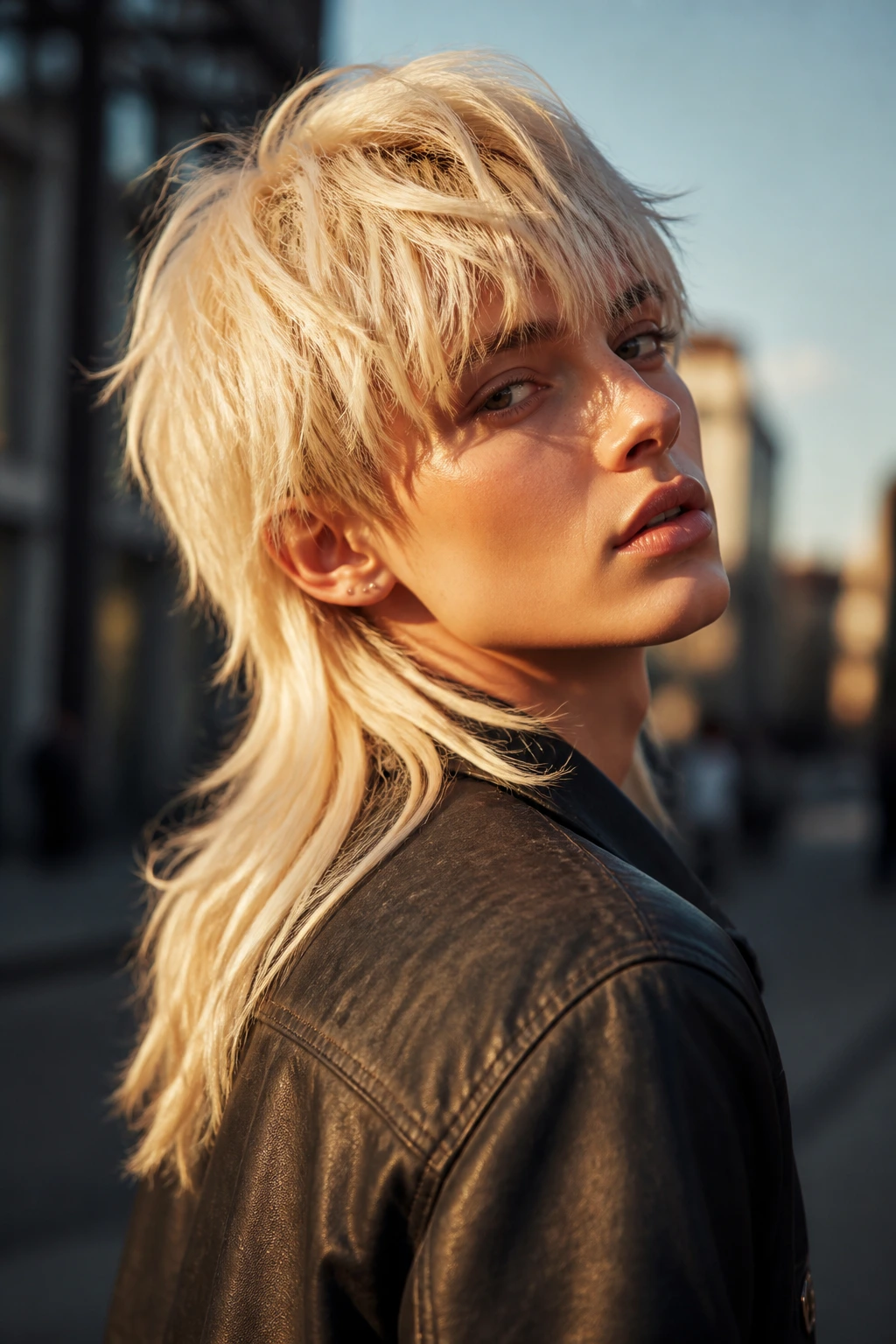 Portrait of a person with platinum shullet hairstyle on urban street