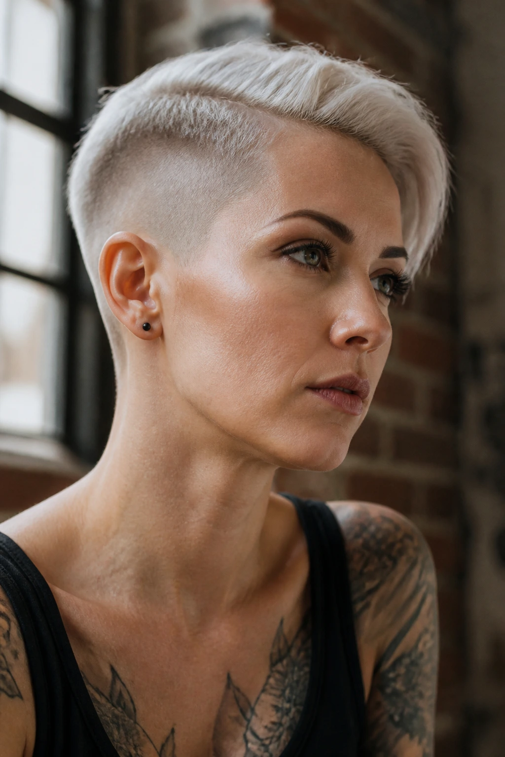 Close-up of a woman with a platinum side fade shave.