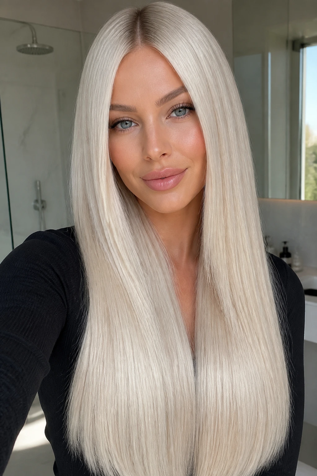 Portrait of a real woman with long platinum silk-length hair, sleek and glossy.