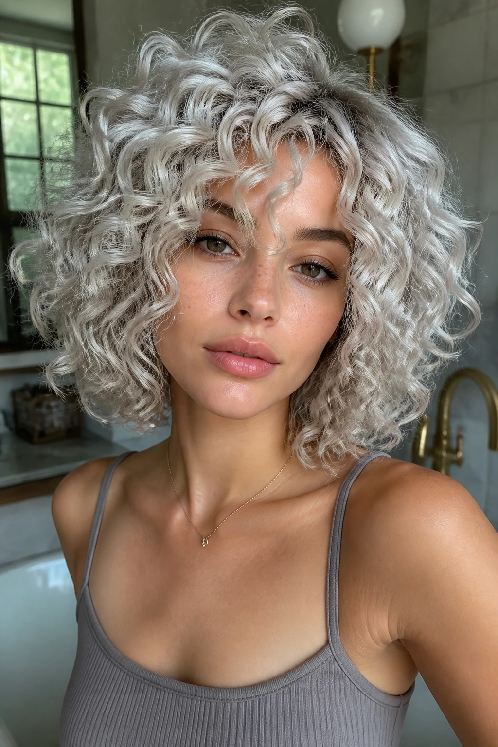 Close-up of a real woman with platinum silver curly hair in a cozy bathroom
