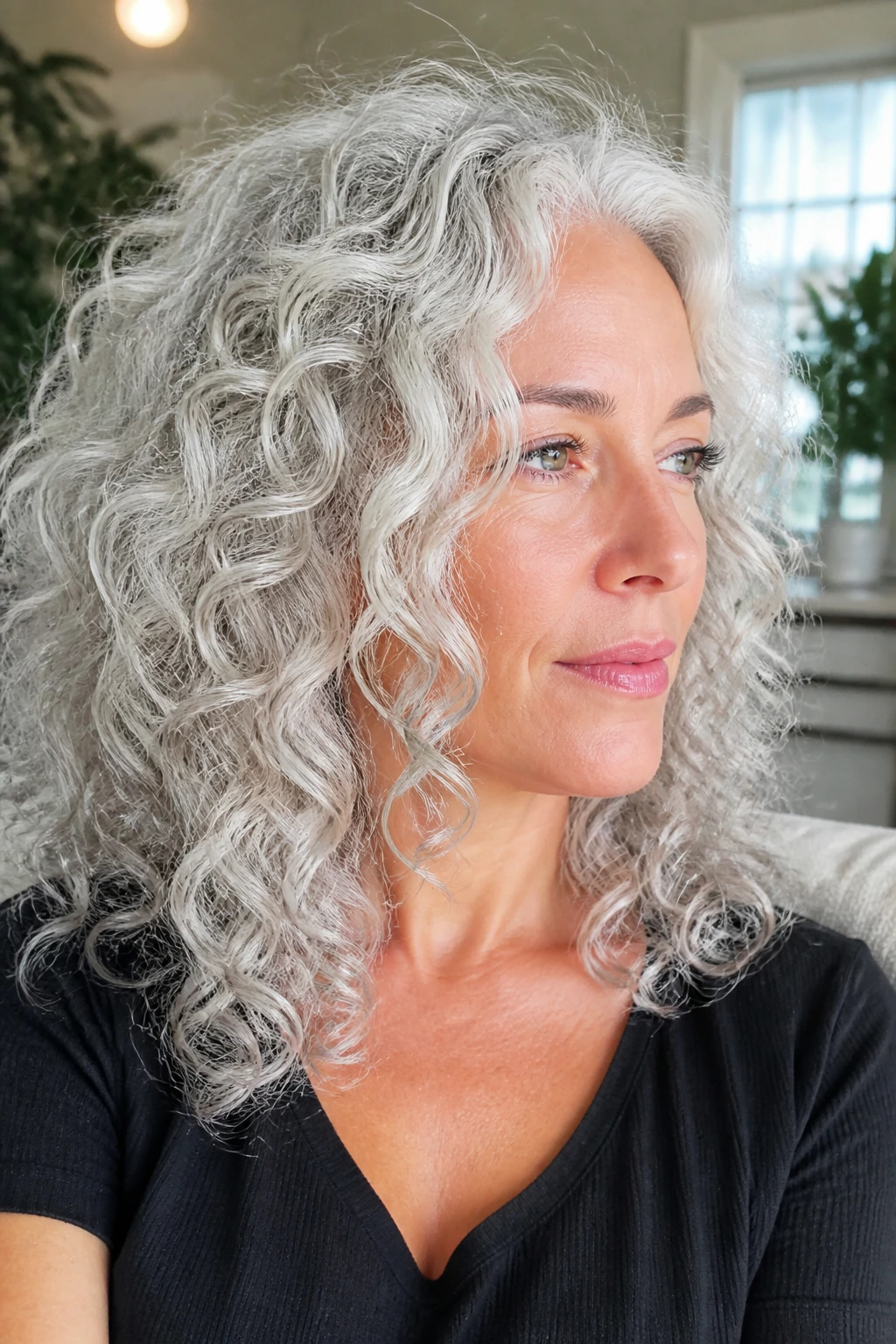 Real woman's curls with platinum silver glaze close-up