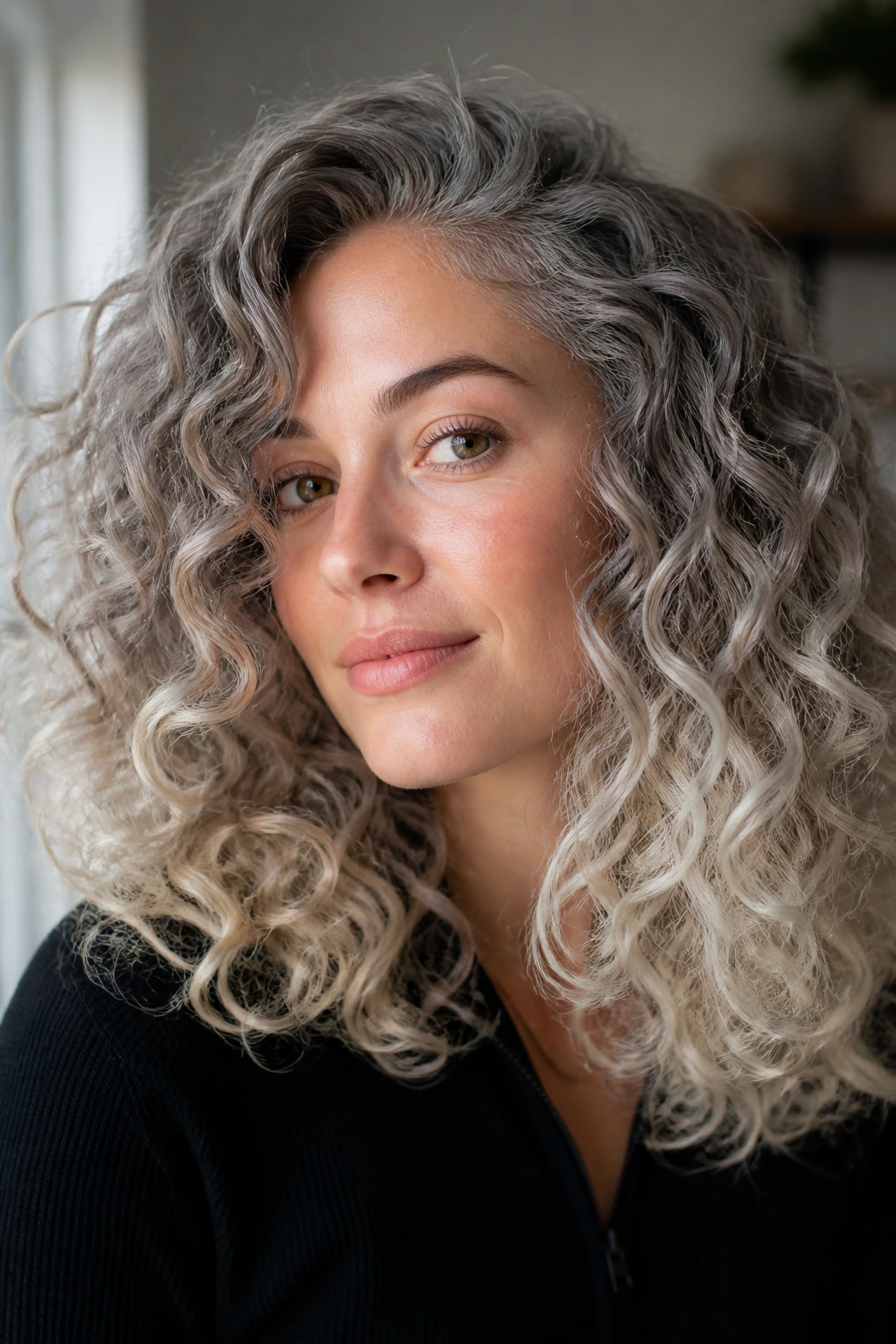 Close-up of a person with platinum-to-silver ombre on curly hair