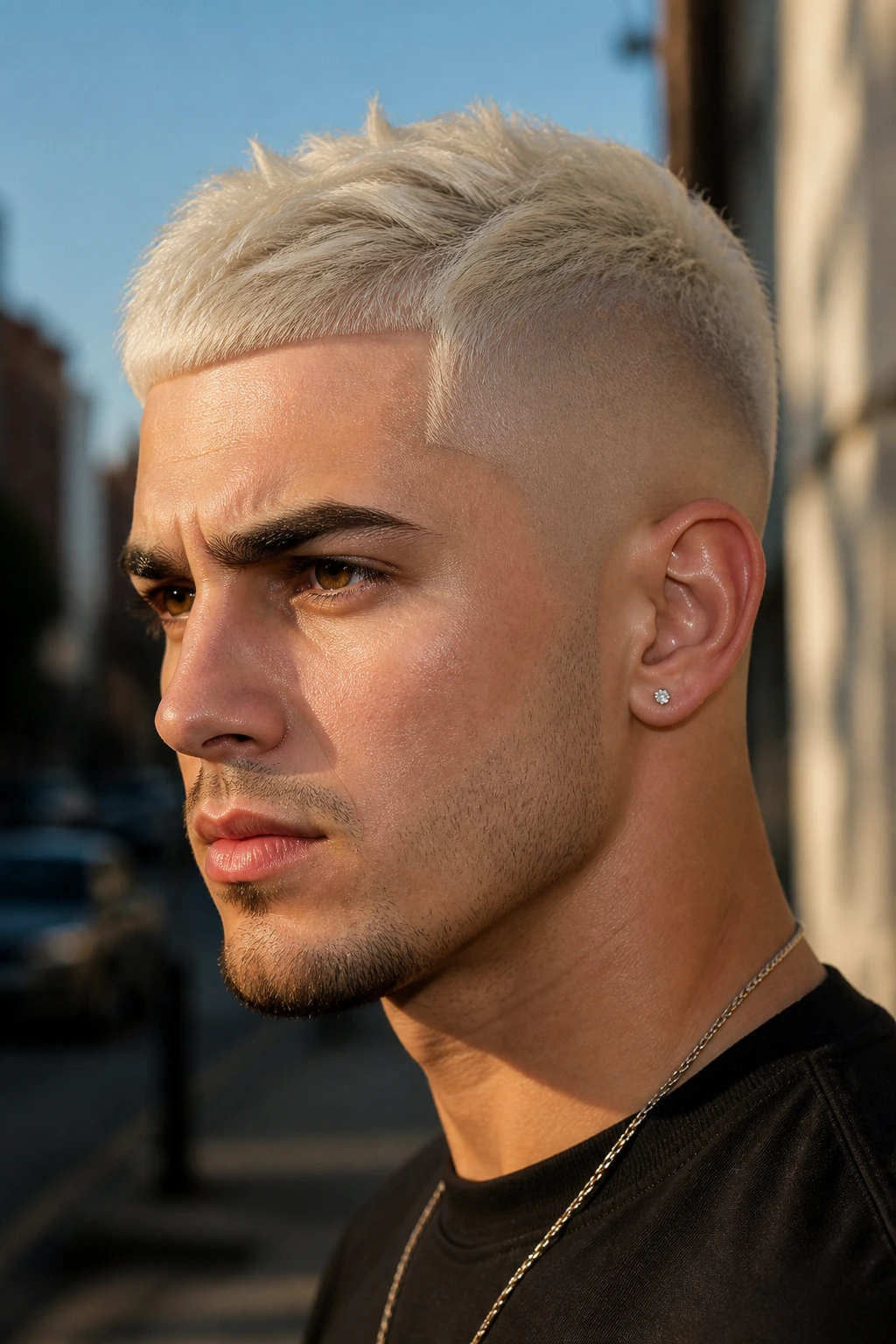 Man with platinum skin fade and sharp line-up in urban setting.