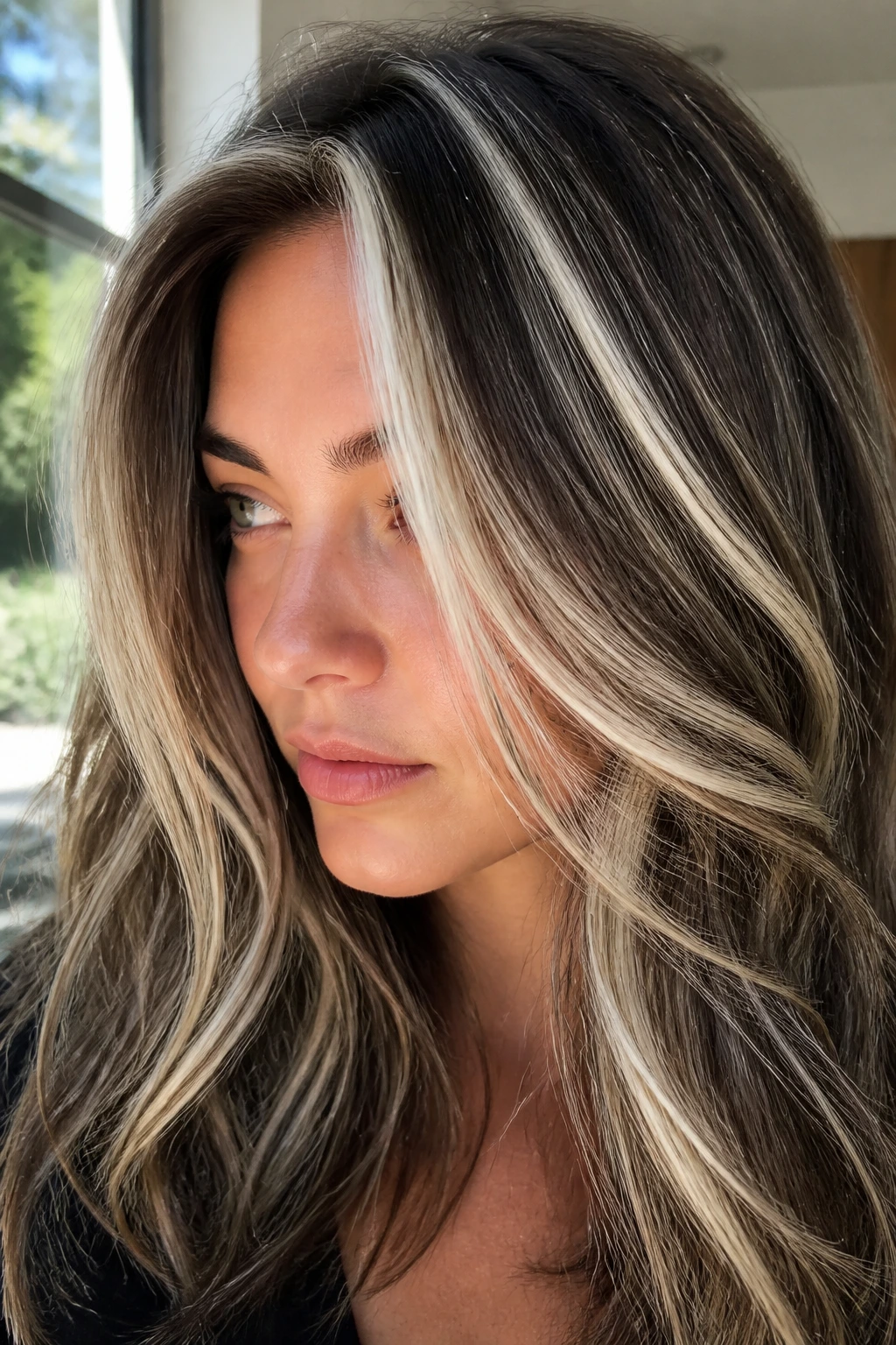 Close-up of thick hair with platinum slice highlights around the face