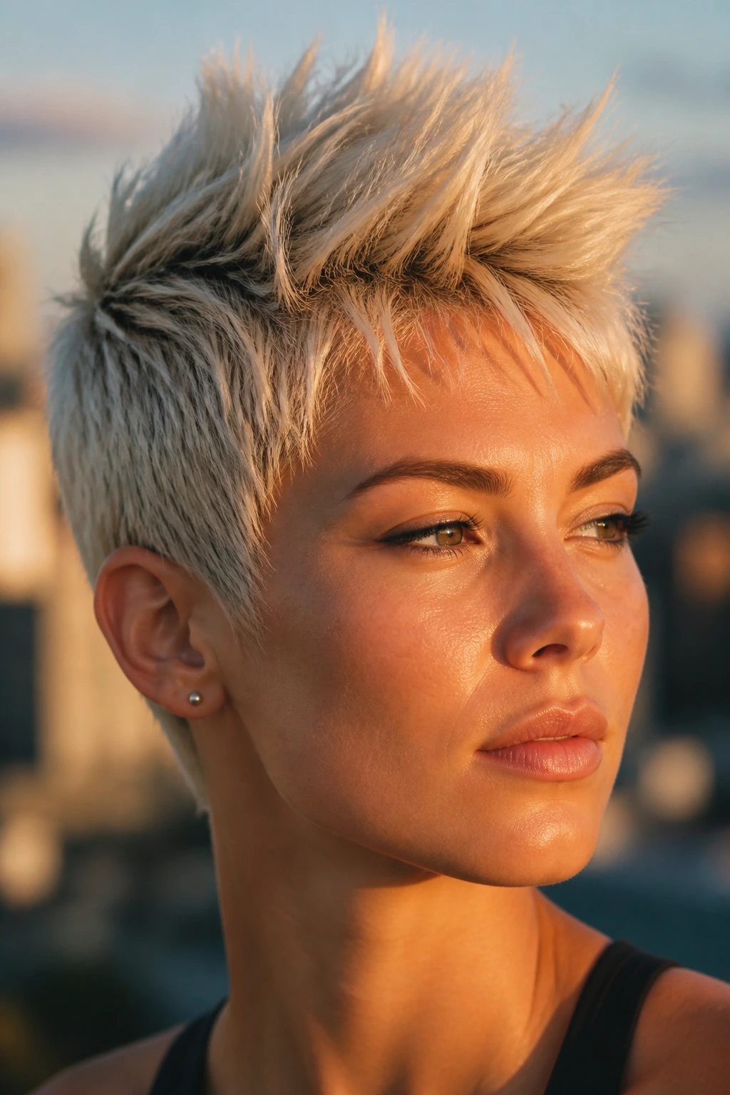 Close-up of a platinum spike crop hairstyle on a real person