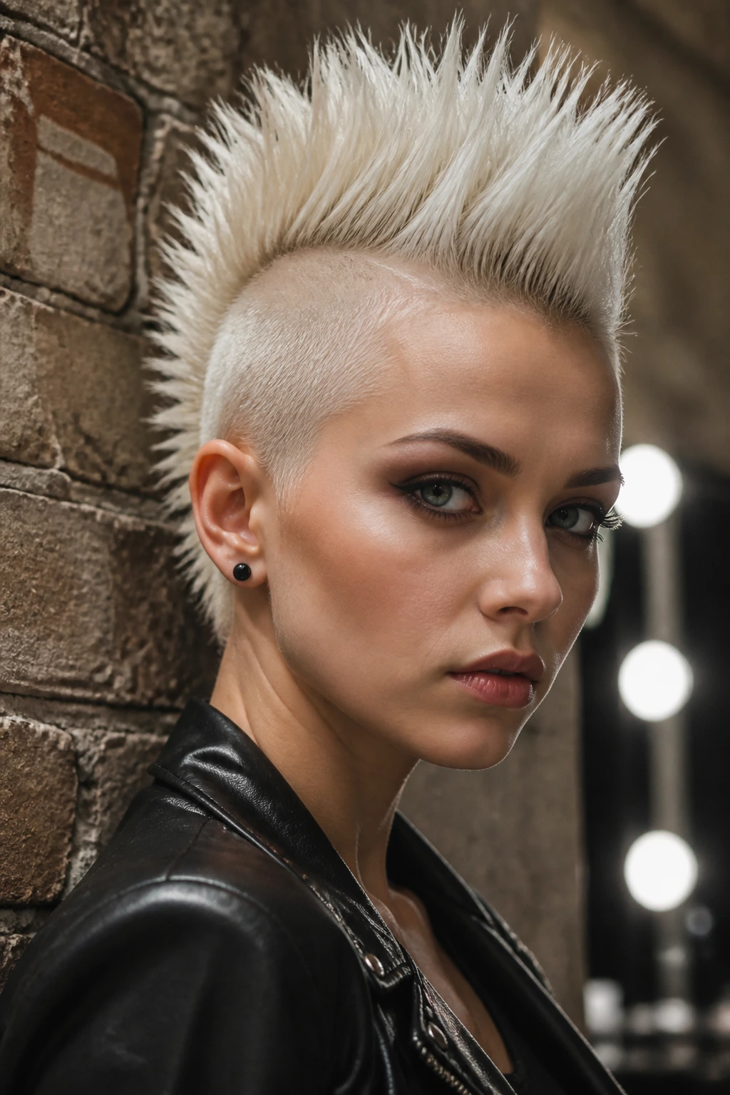 Close-up of a person with platinum spiked mohawk in backstage fashion setting.