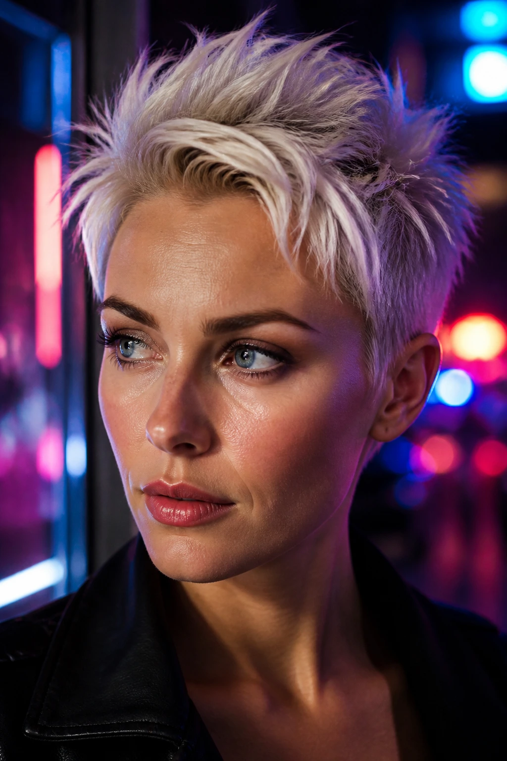Close-up of a real woman with platinum spiky pixie under neon night lights