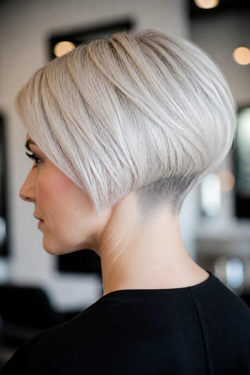 Close-up of a real person with a platinum short stacked bob showing crisp angles