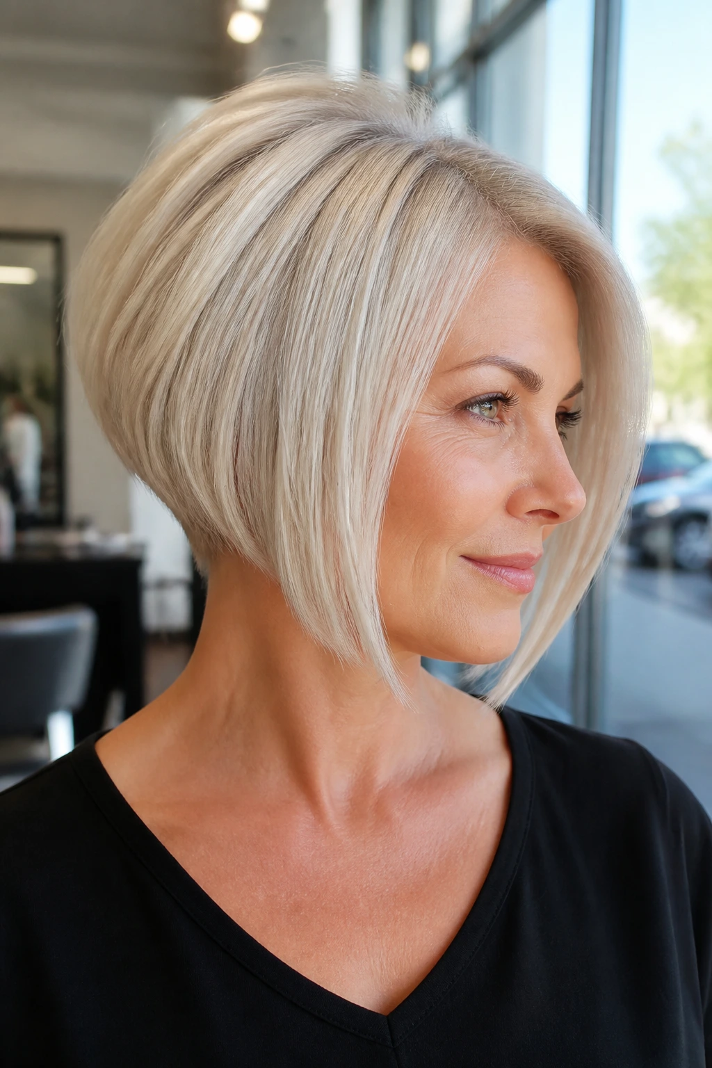Real woman with platinum stacked bob under bright daylight