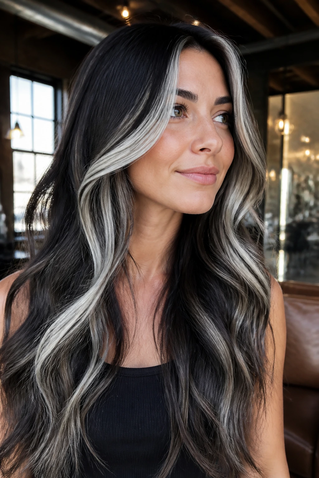 Portrait of a real woman with high-contrast platinum balayage on long hair