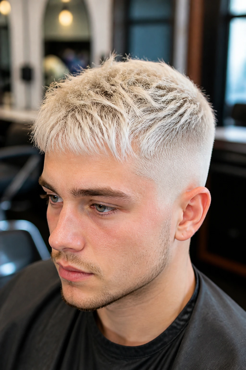 Close-up of a man with a platinum textured crop showing texture and fringe