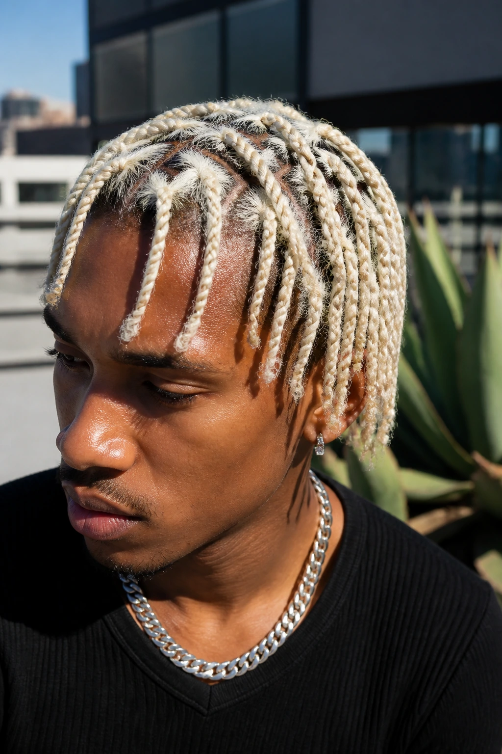 Close-up of a man with platinum twists in daylight on a rooftop