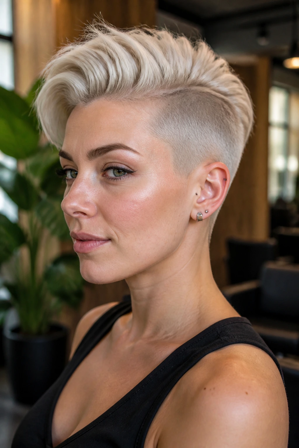 Close-up portrait of a real person with platinum undercut and bright top in a salon setting