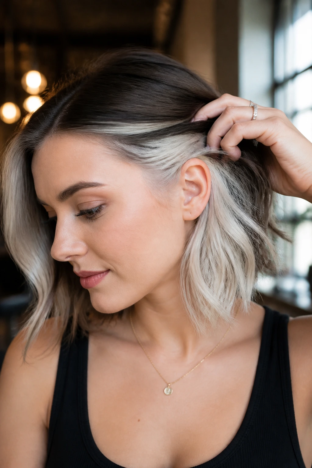 Close-up of a real woman with hidden platinum underdye peeking through behind the ear in a warm salon.