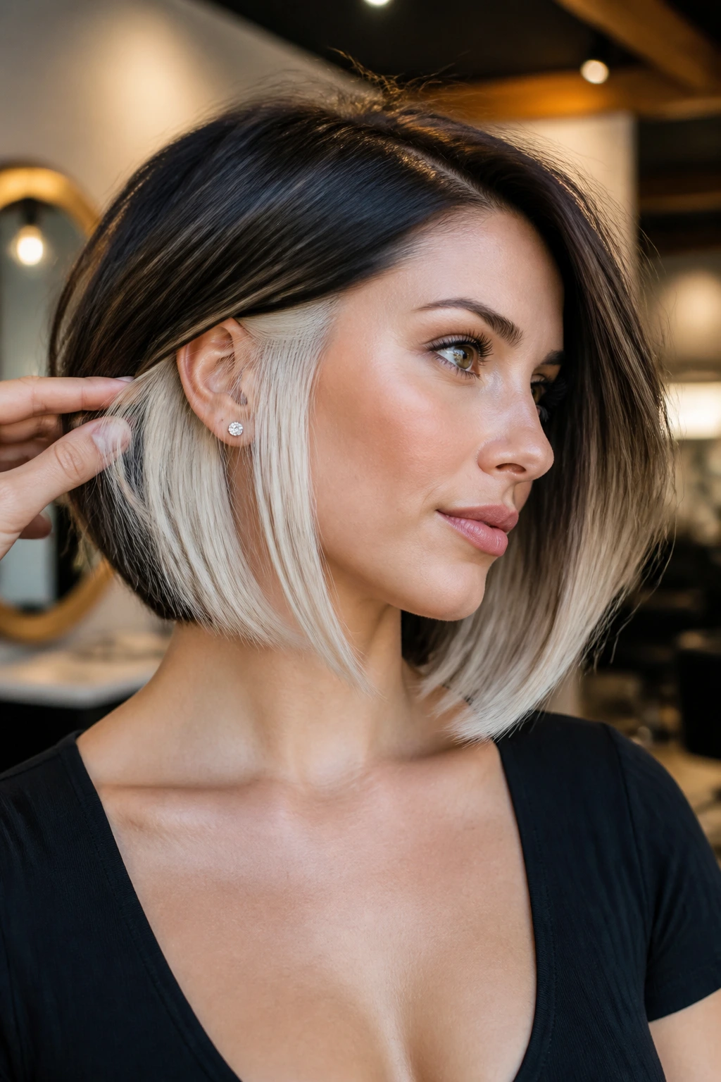 Close-up of a real woman with inverted bob and platinum underlayer