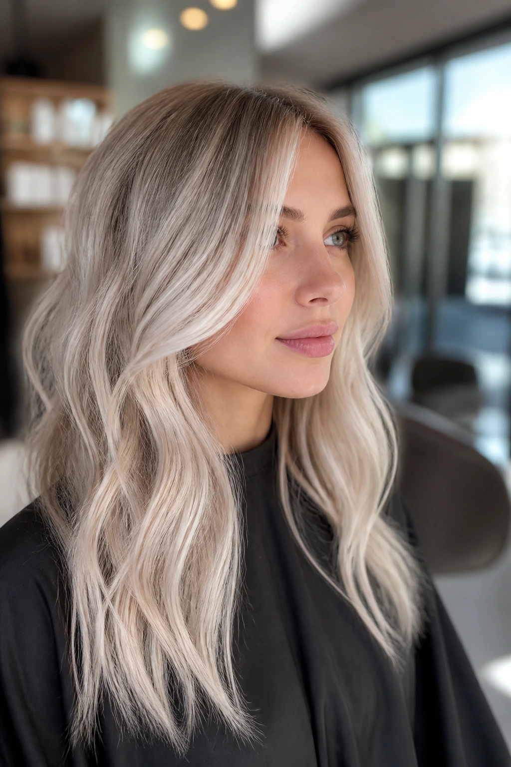 Platinum veil foilayage ribbons on cool blonde hair