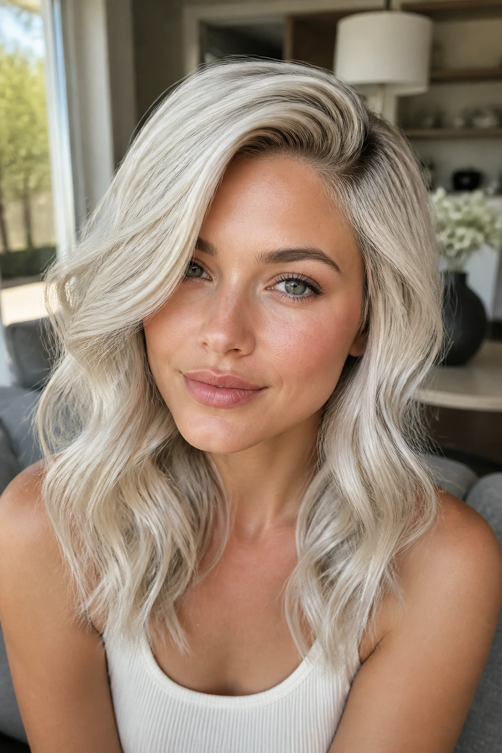 Close-up of a real person with platinum waves and a deep side part