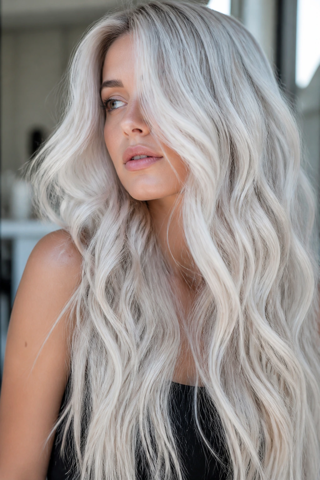 Long platinum waves on a real woman with soft ice tones.