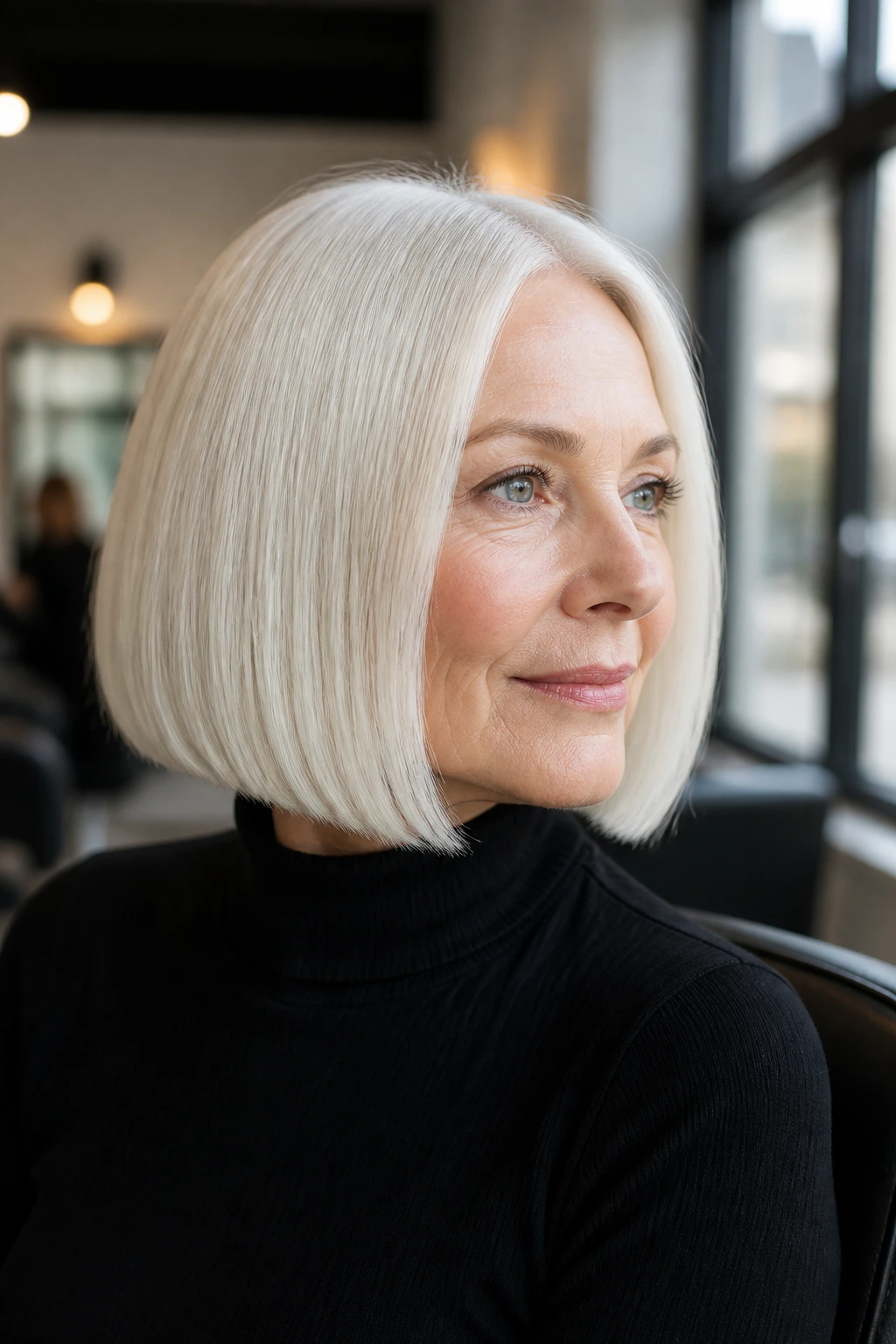 Portrait of a woman with platinum white blunt bob in a bright salon