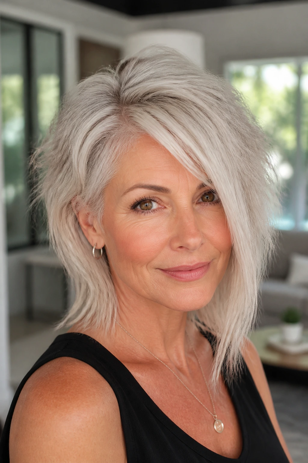 Close-up of a real woman with a platinum asymmetrical wolf cut and side part.
