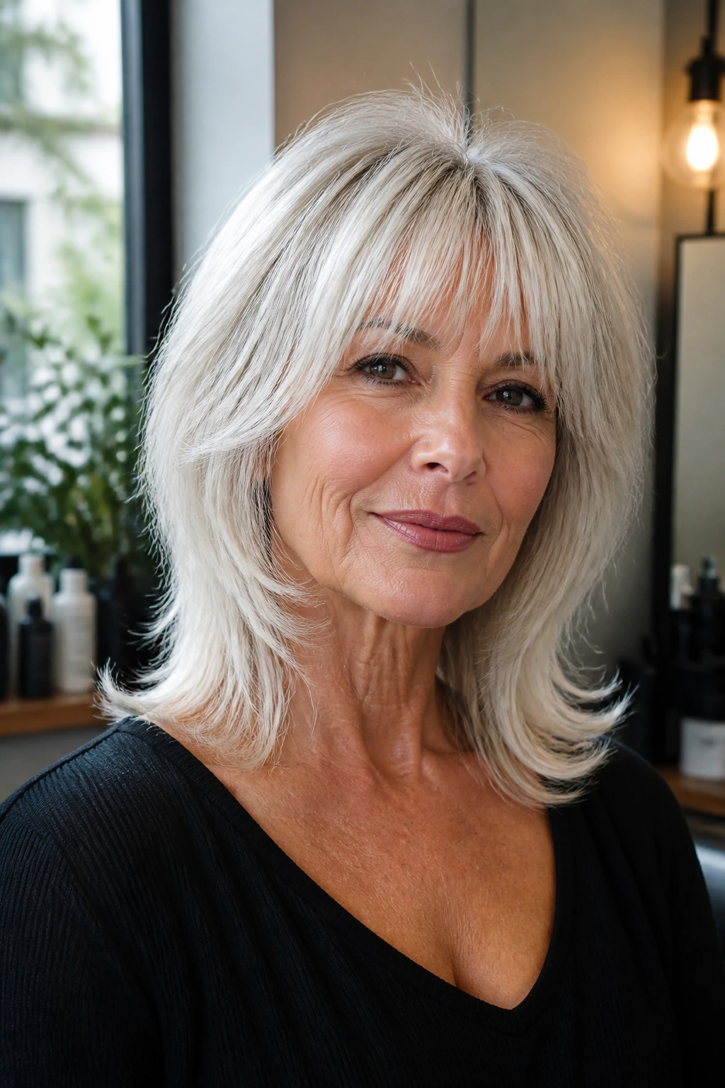 Close-up of a real woman with a platinum collarbone-length wolf cut, ends flipped outward.