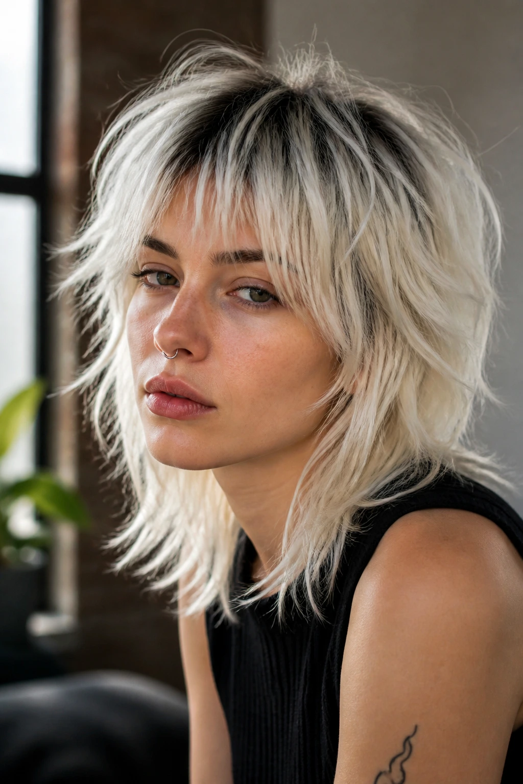 Portrait of a real person with platinum wolf cut and dark roots in soft daylight