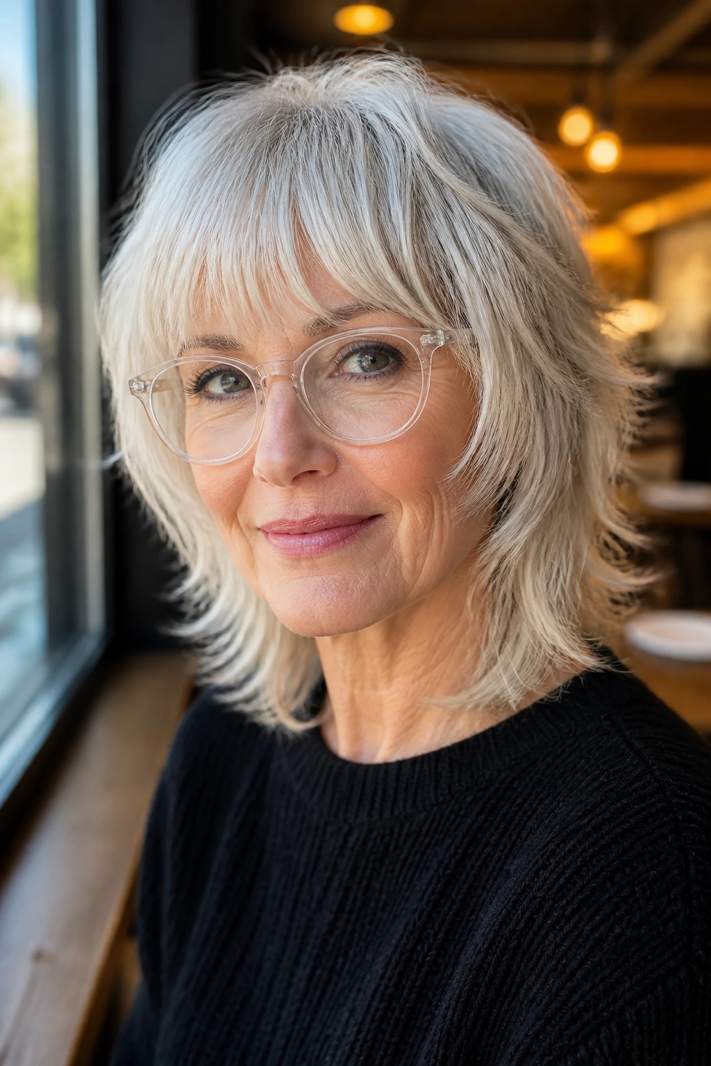 Portrait of a woman with a rounded platinum wolf cut and glasses.