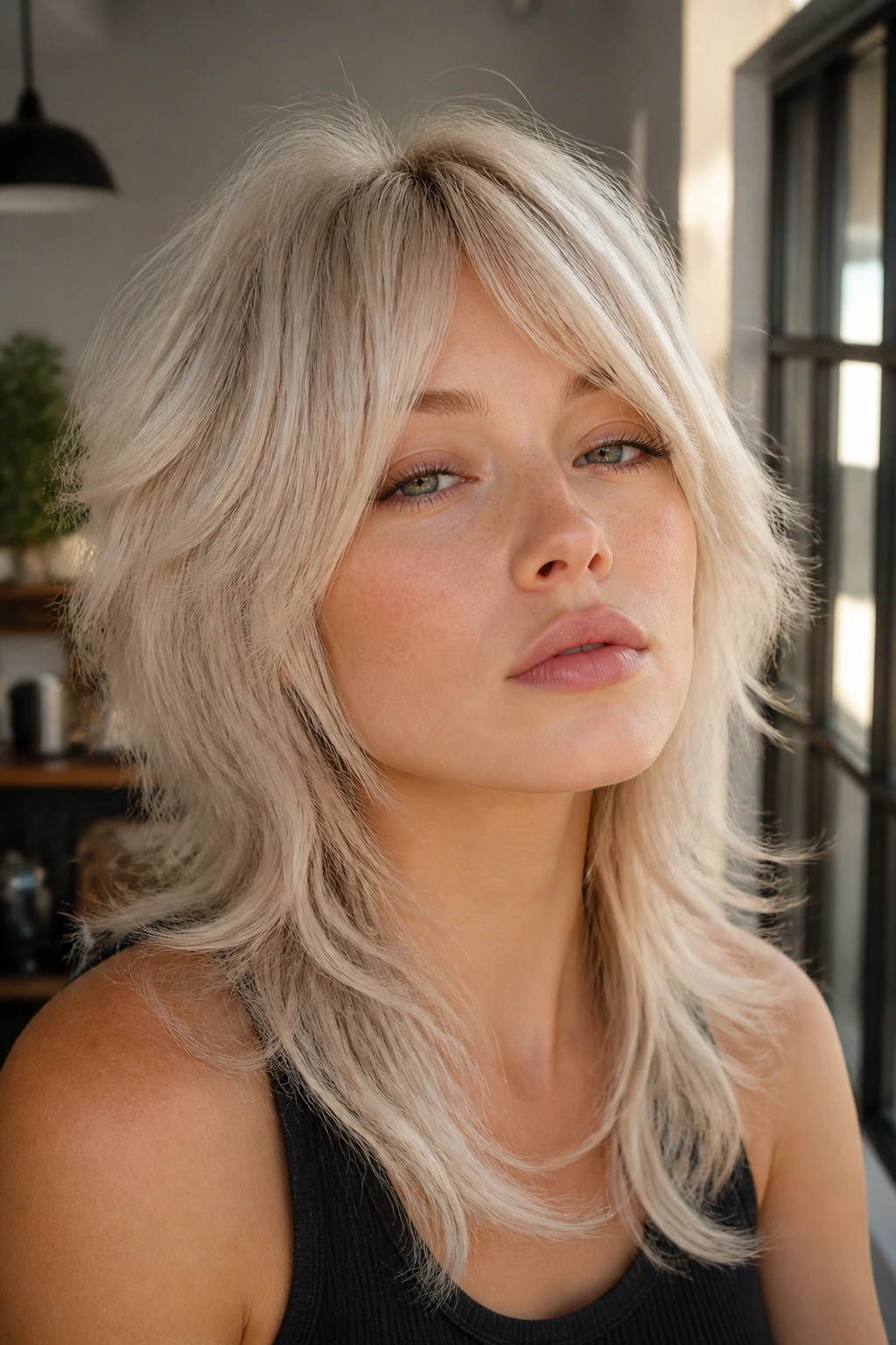 Close-up portrait of a real person with platinum wolf cut and face-framing layers