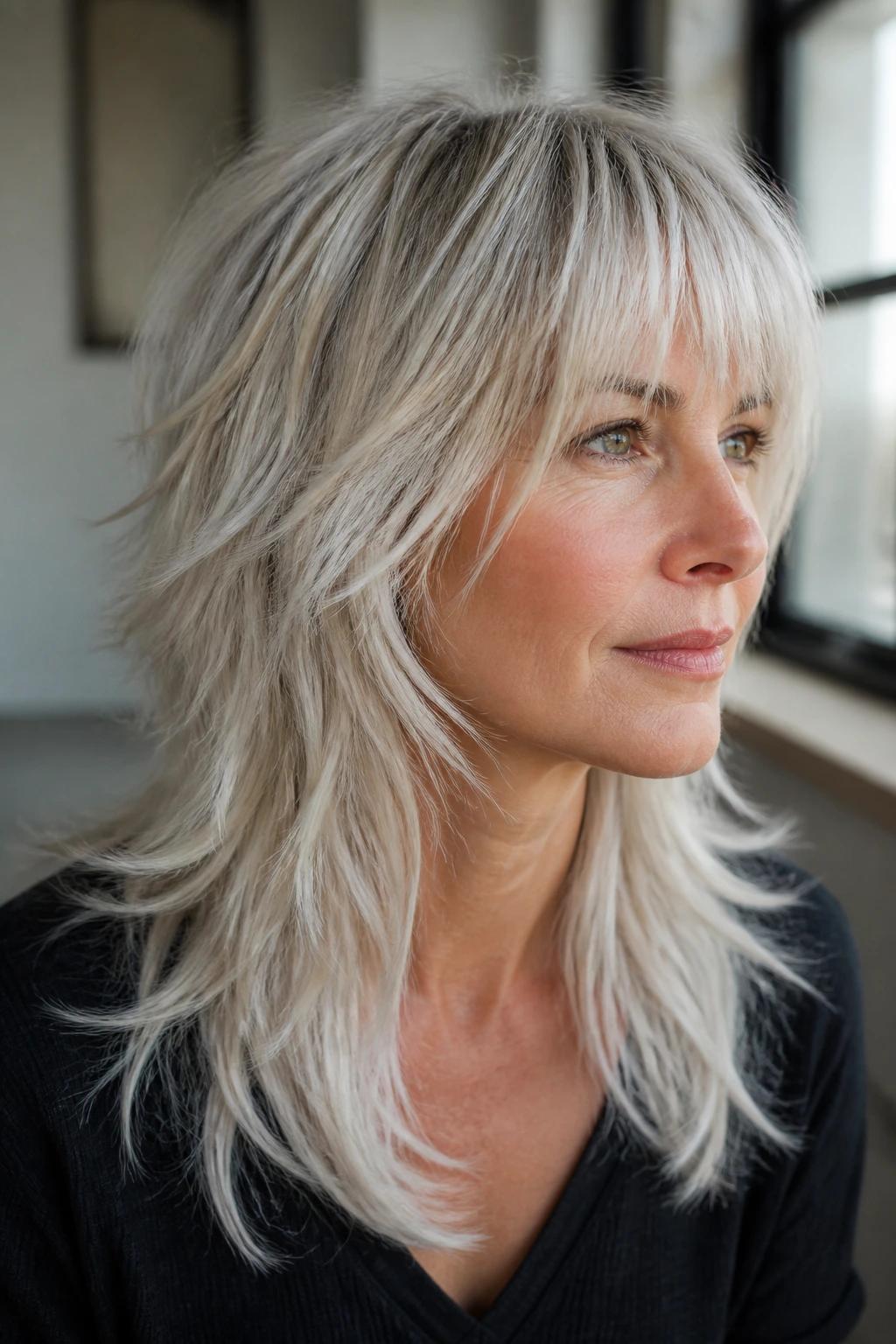 Close-up portrait of a real woman with platinum wolf cut showing sharp shape and icy color in natural light