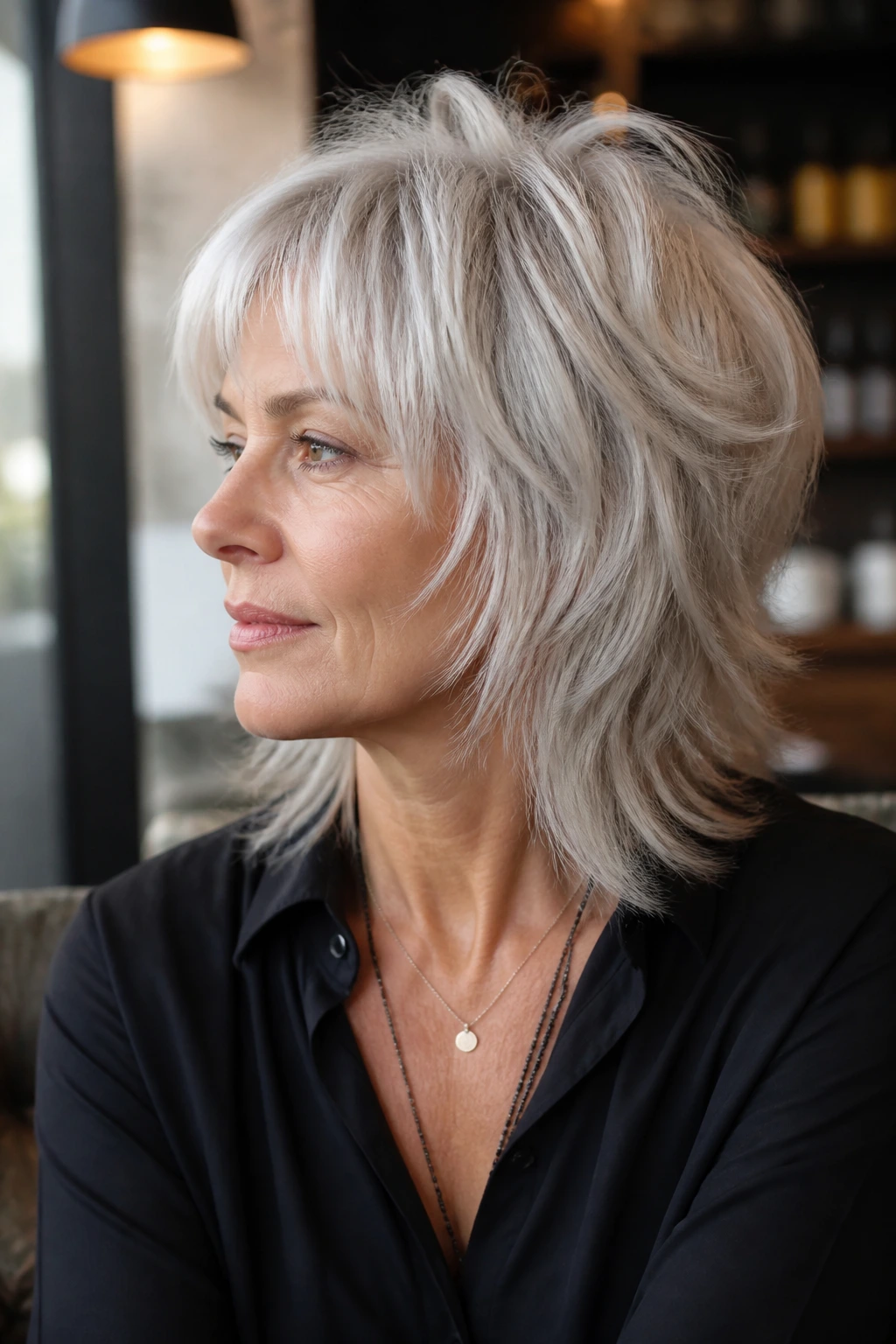 Portrait of a real woman with platinum wolf cut, demonstrating how the cut sits on the face