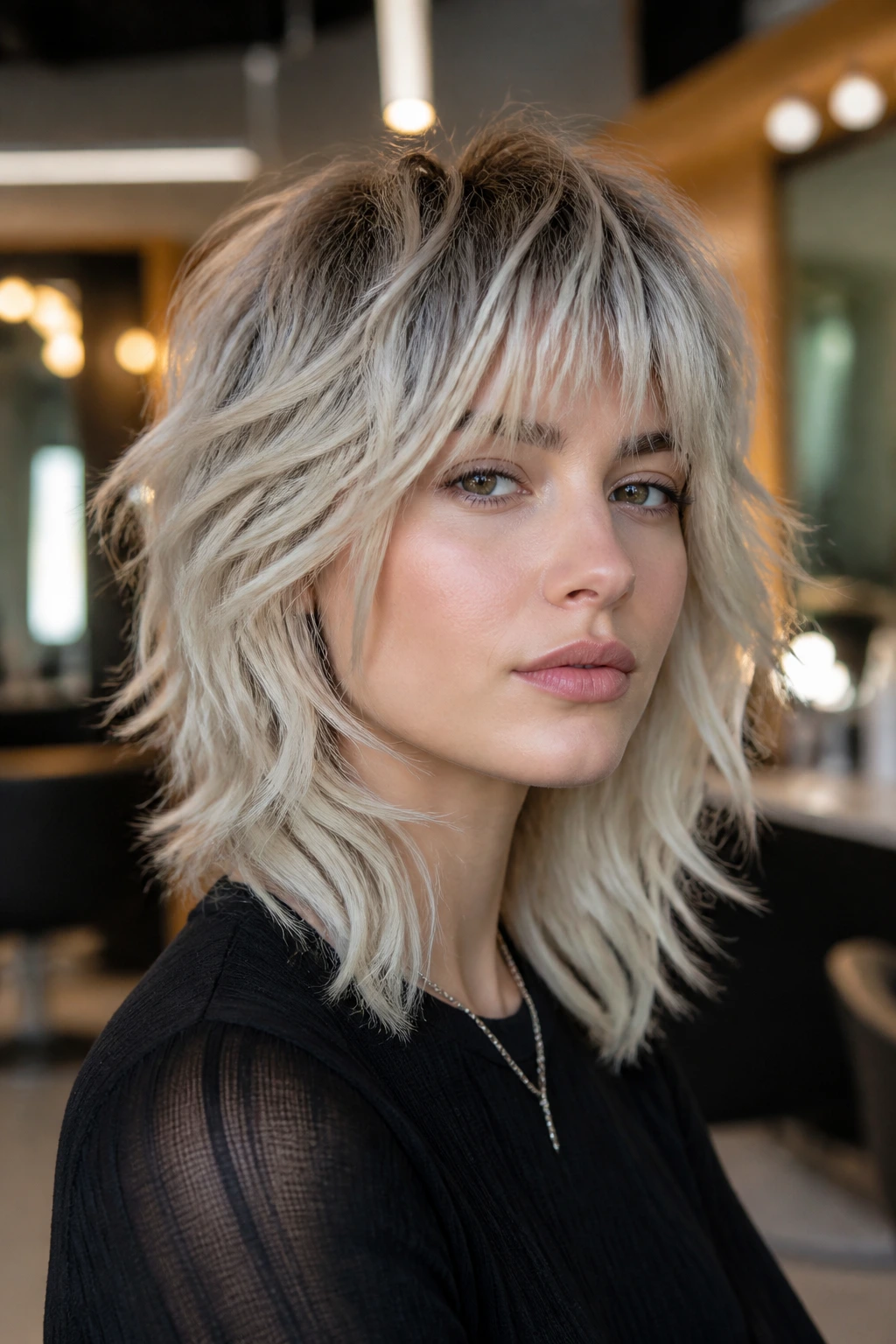 Real woman with platinum wolf cut and root smudge in a modern salon.