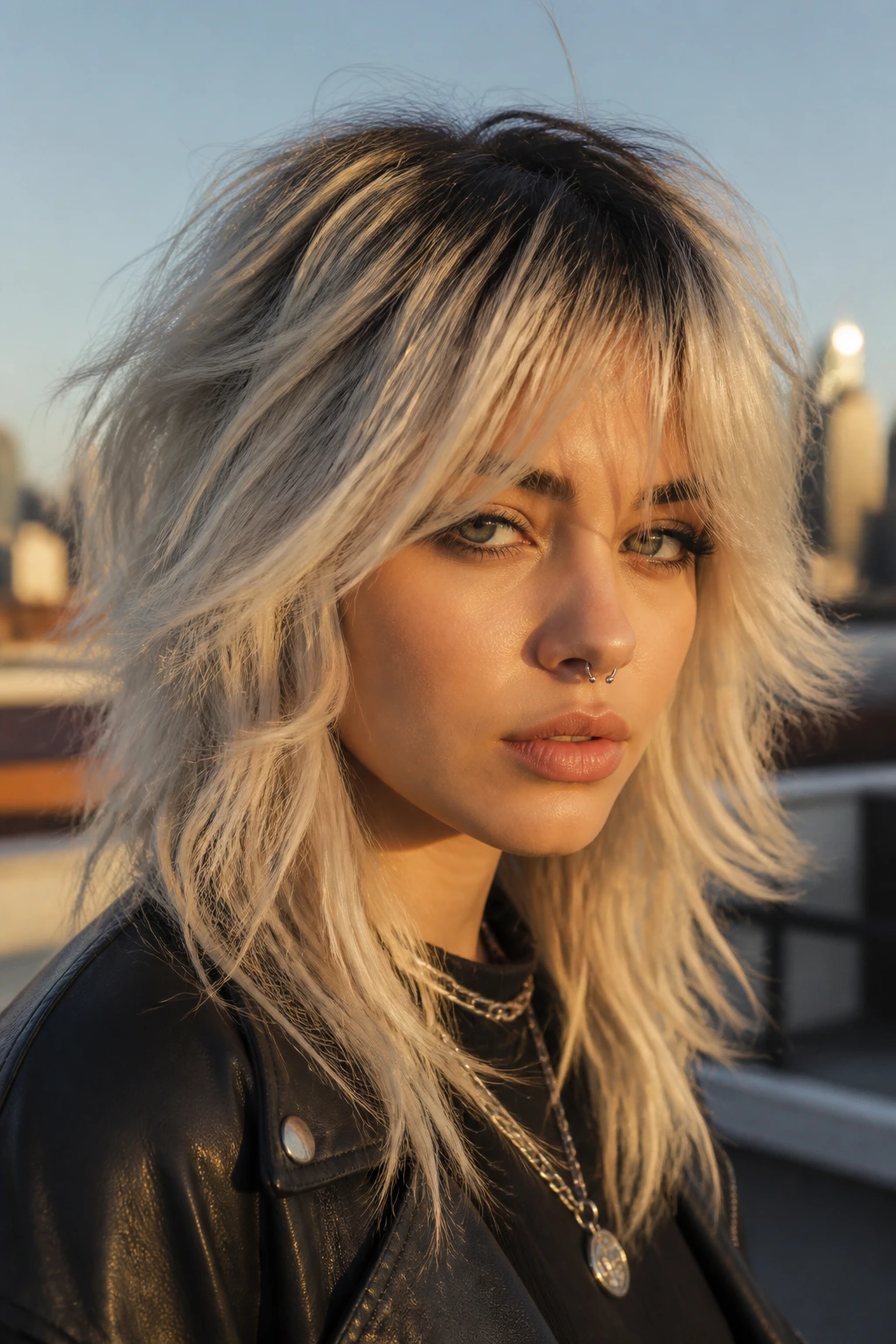 Close-up portrait of a real woman with platinum wolf cut and dark roots.