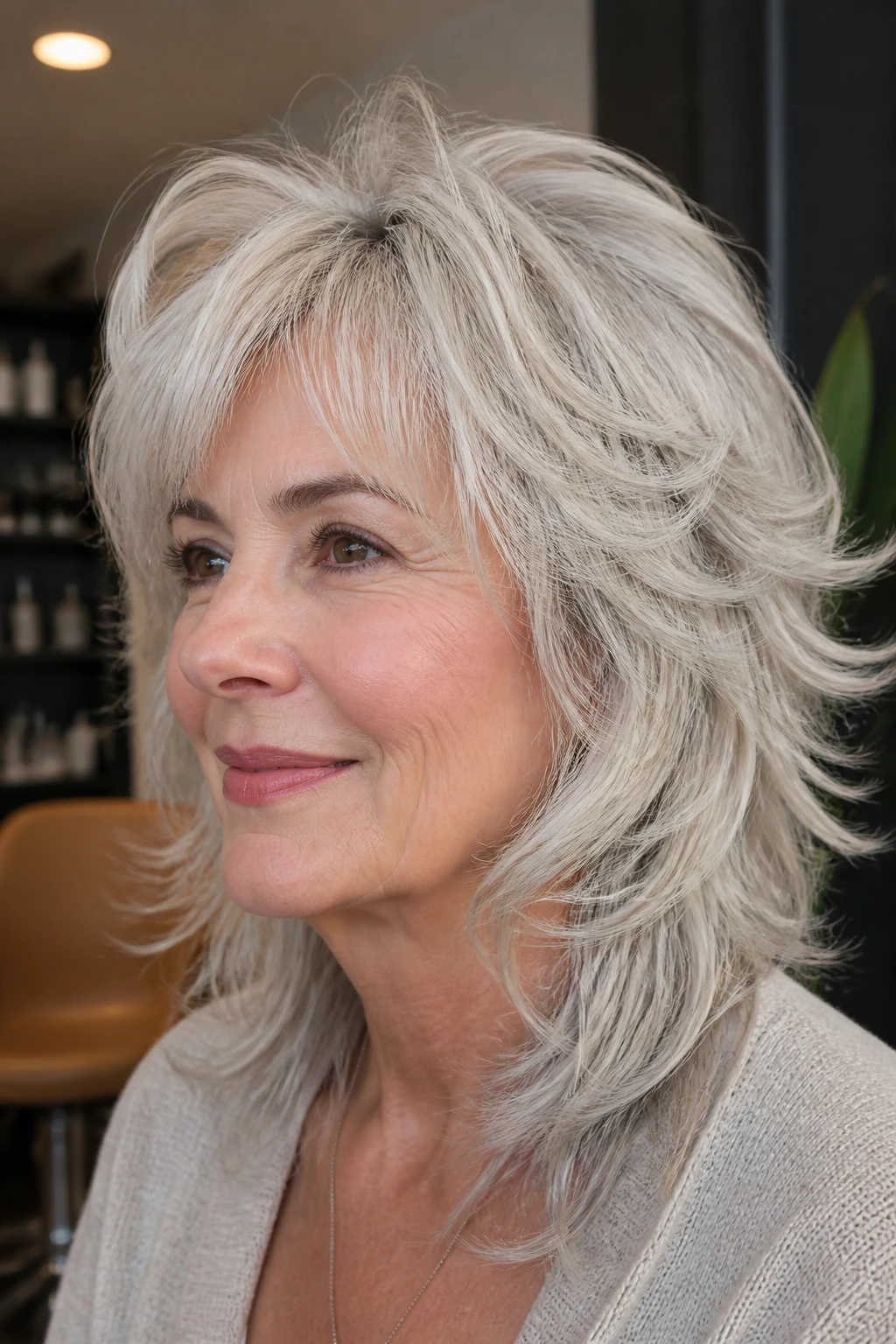 Real person with platinum wolf cut showing color variation like silver melt or champagne frost