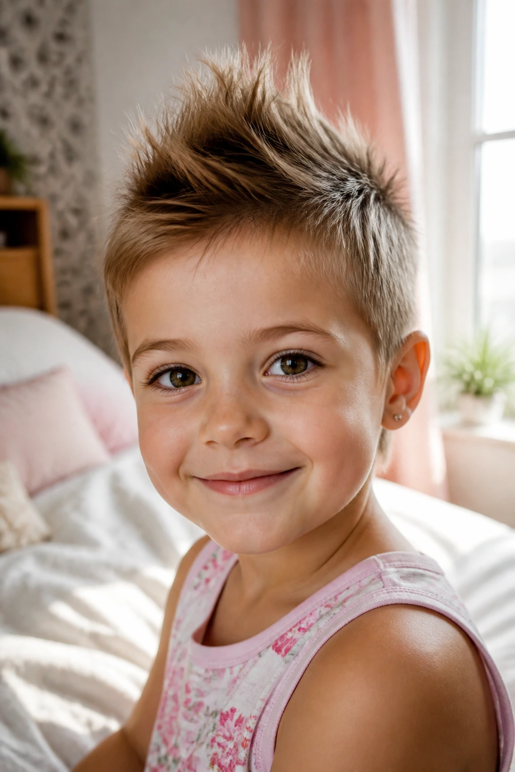 Close-up of a young girl with a playful spiky pixie hairstyle in a cozy bedroom