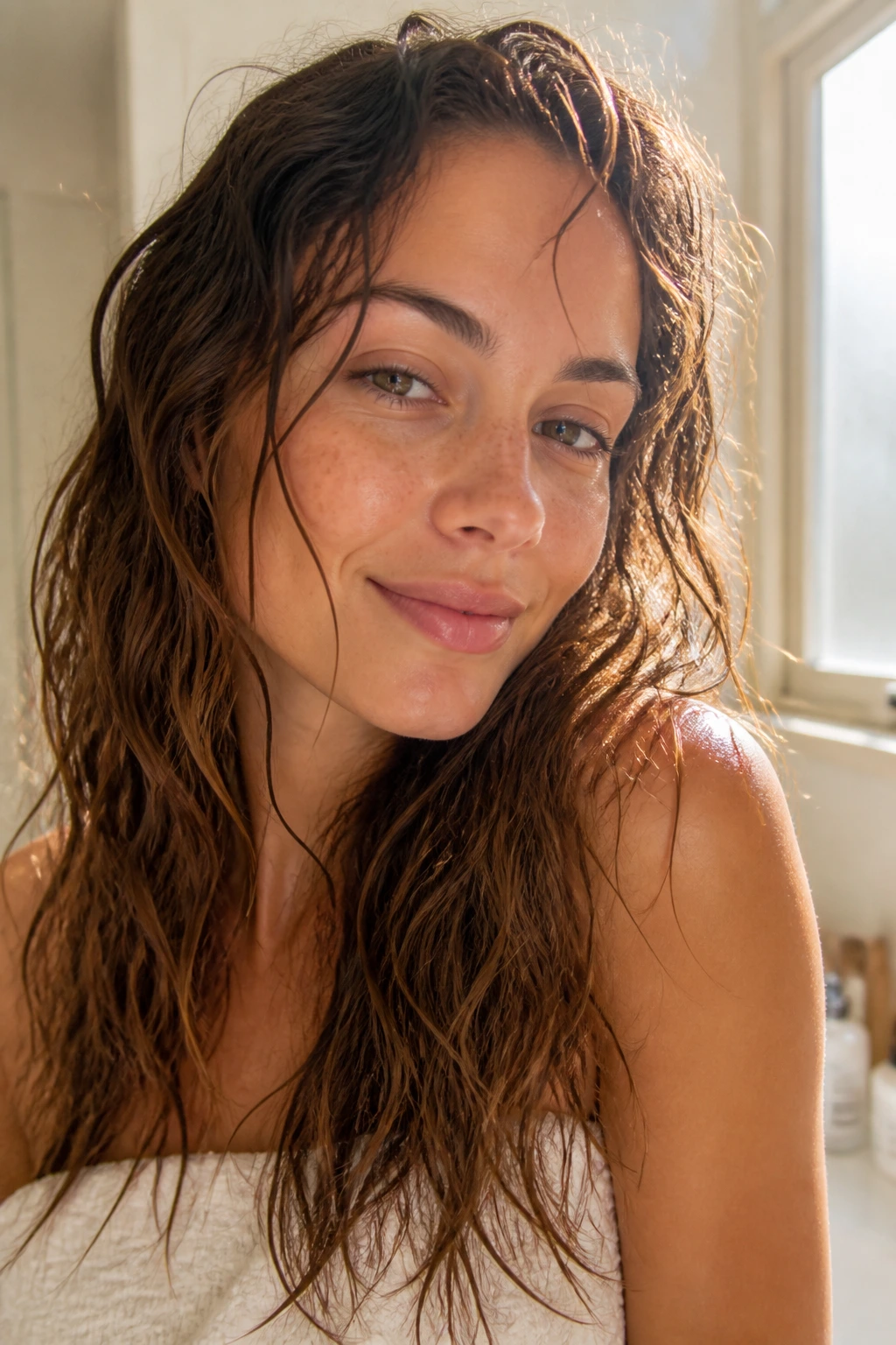 Close-up portrait of a real woman with plop-and-go waves under natural light