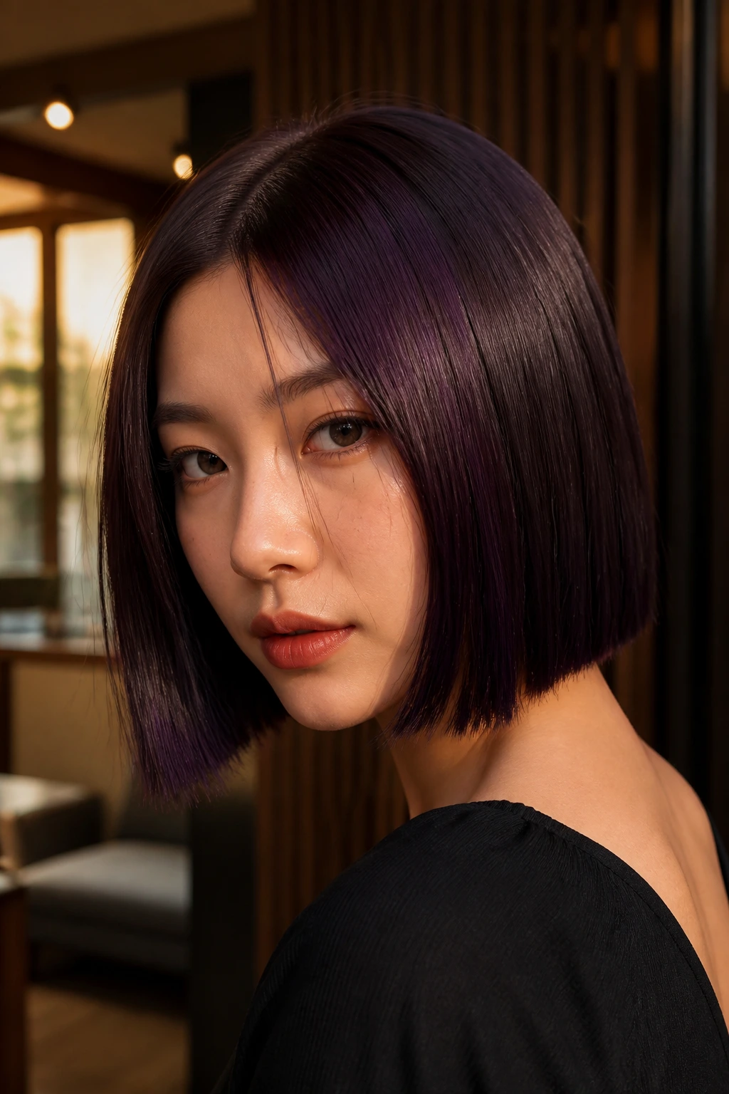 Portrait of a real person with deep plum black blunt bob under warm light.
