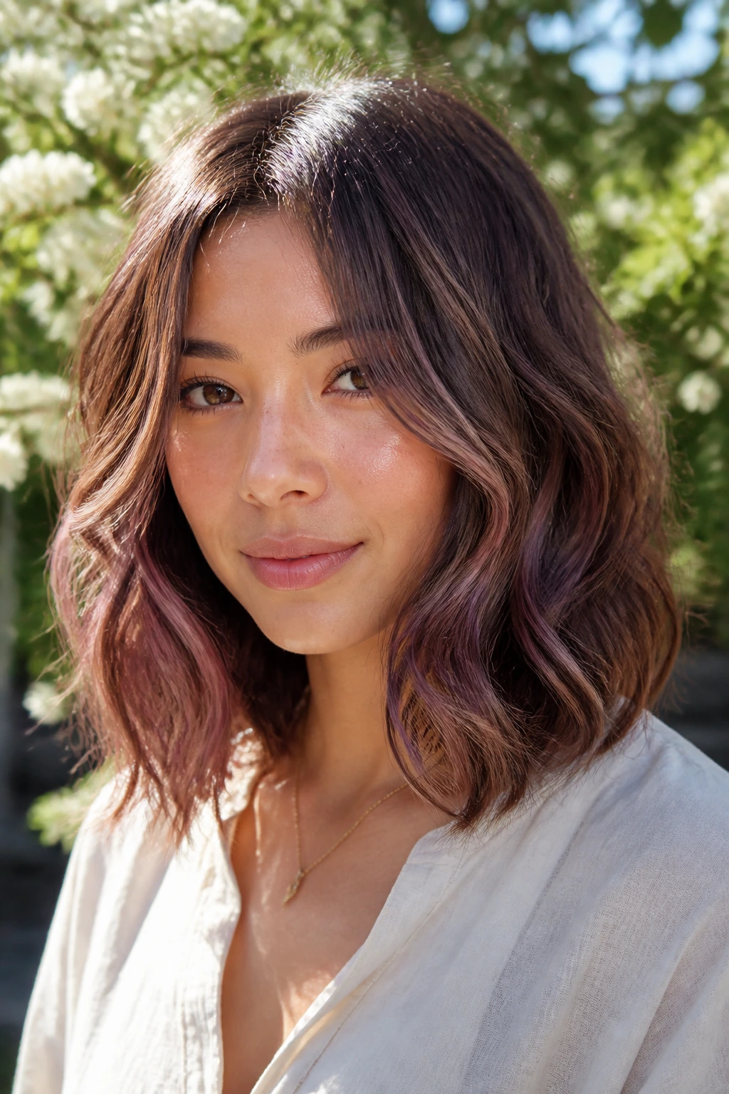 Close-up portrait of a real woman with plum bronde balayage