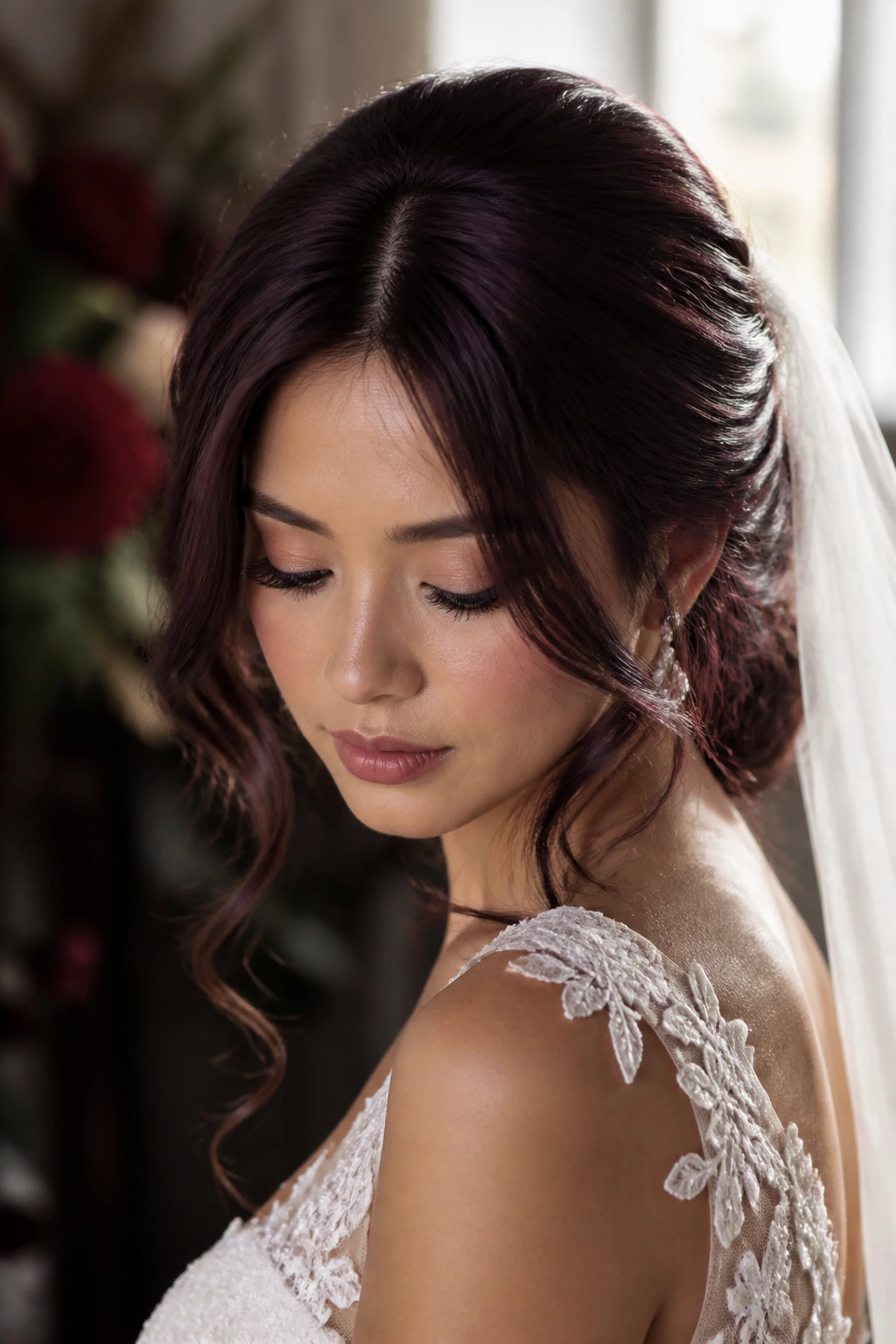 Close-up of a bride with plum brown hair and a smoky berry sheen