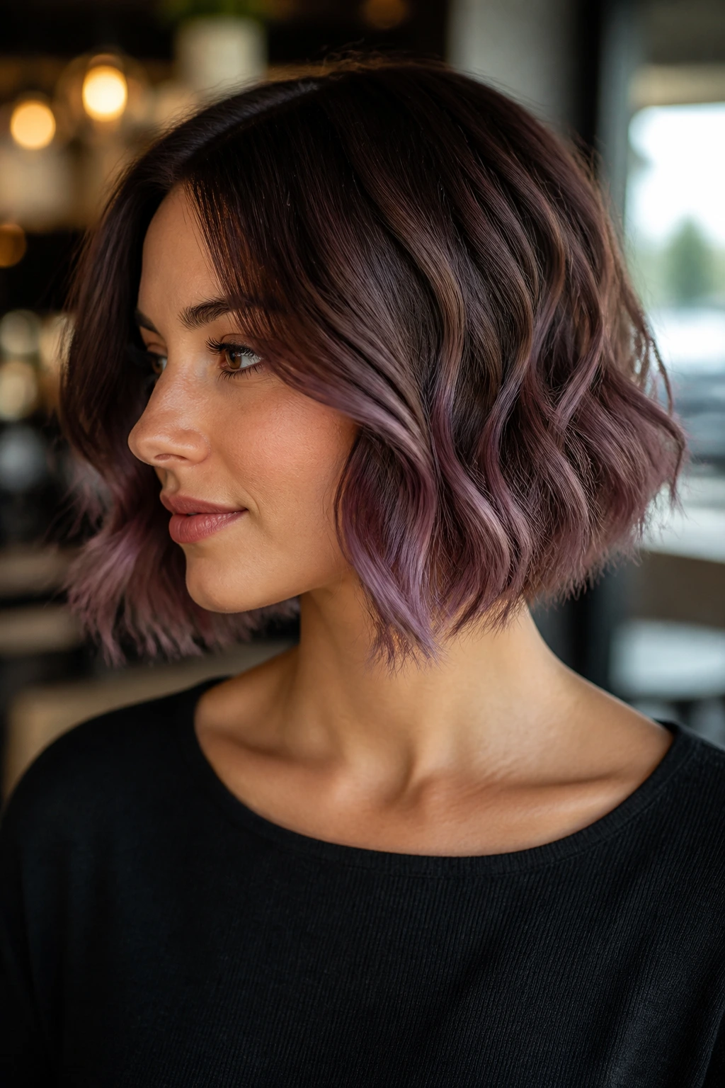 Head-and-shoulders portrait of a real woman with plum brown to smoky mauve ombré on a short bob.