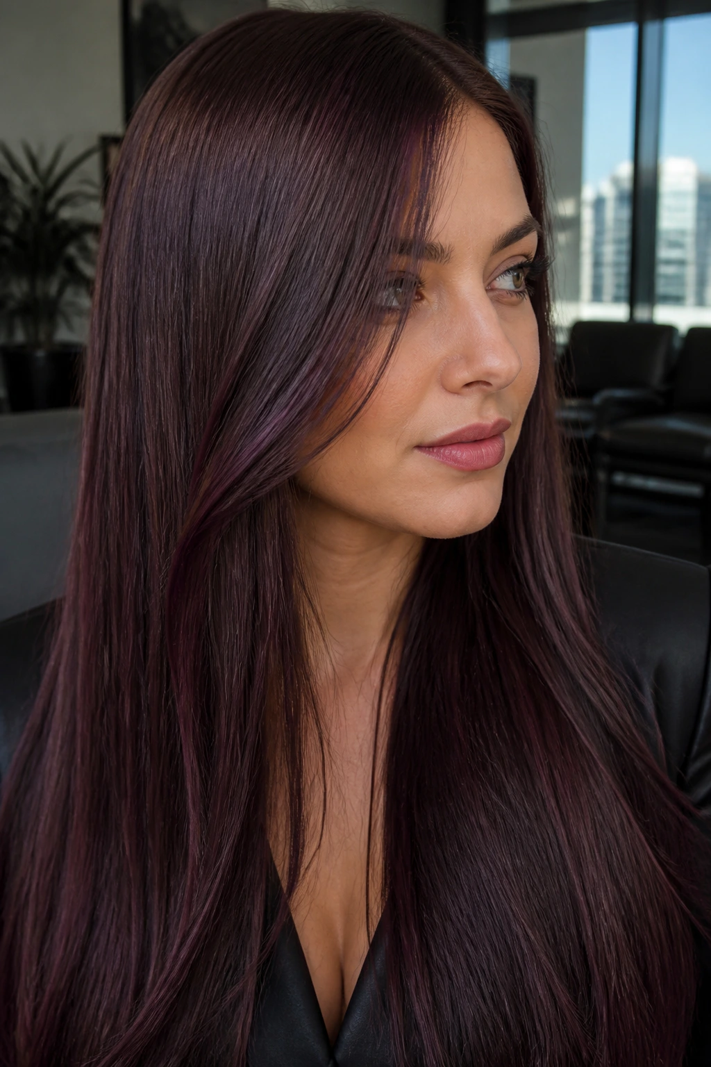 Close-up portrait of plum brunette hair on a real woman
