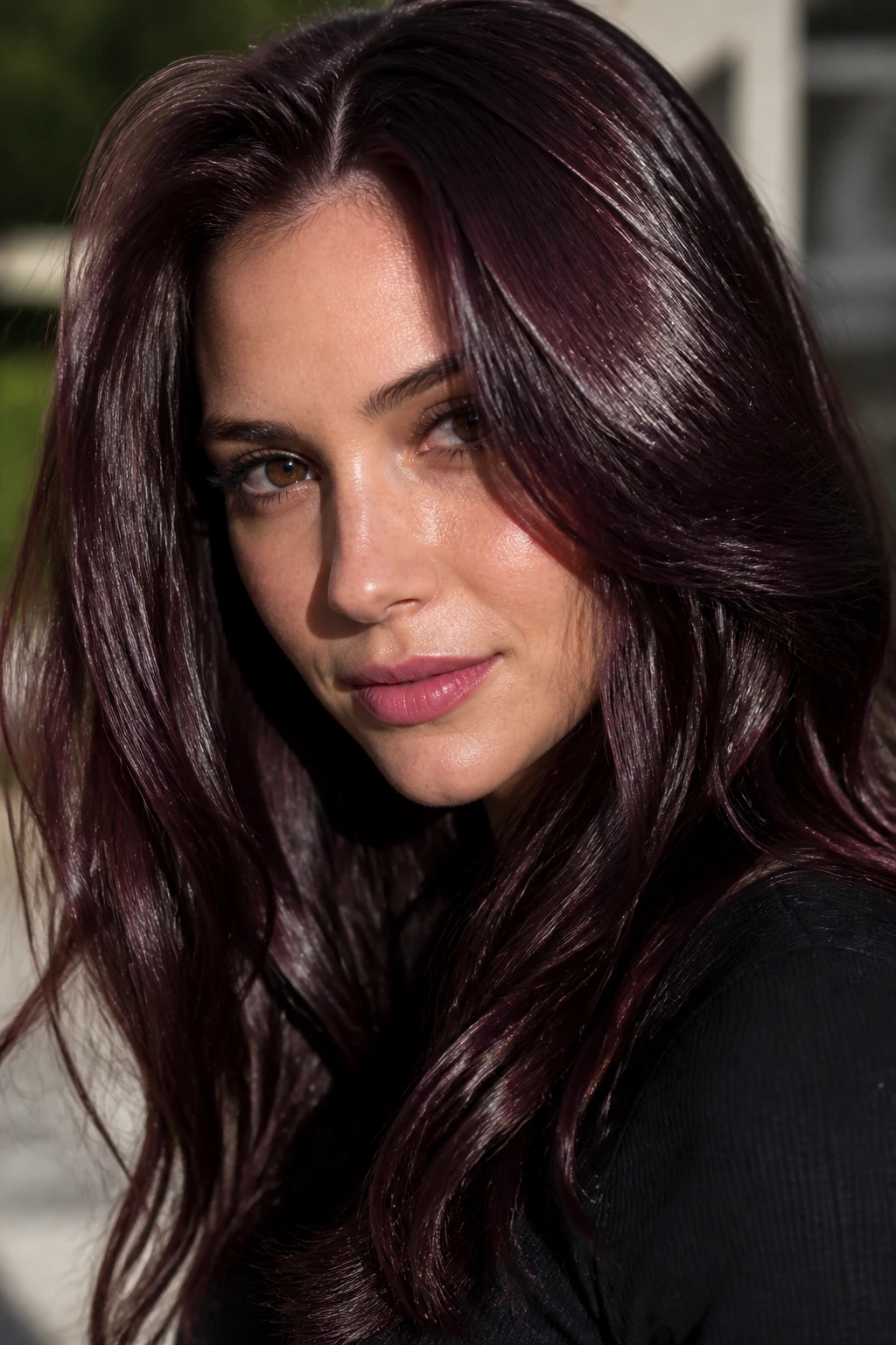 Close-up of plum brunette hair with plum undertone in bright light