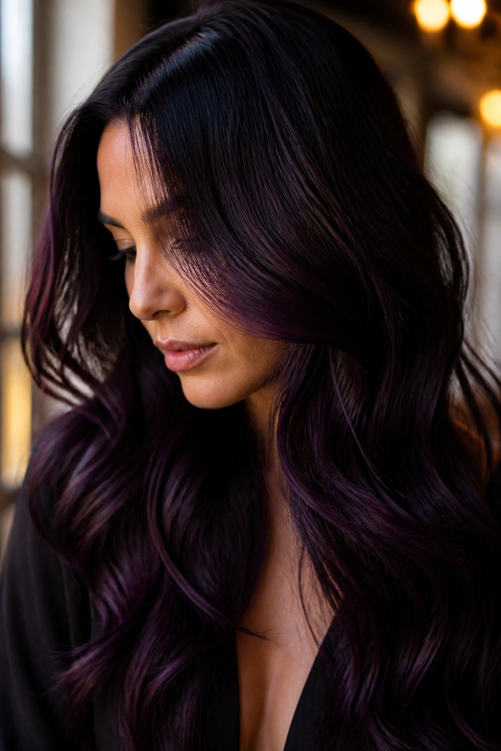Close-up of a real person with plum noir hair showing violet-black depth and purple cast