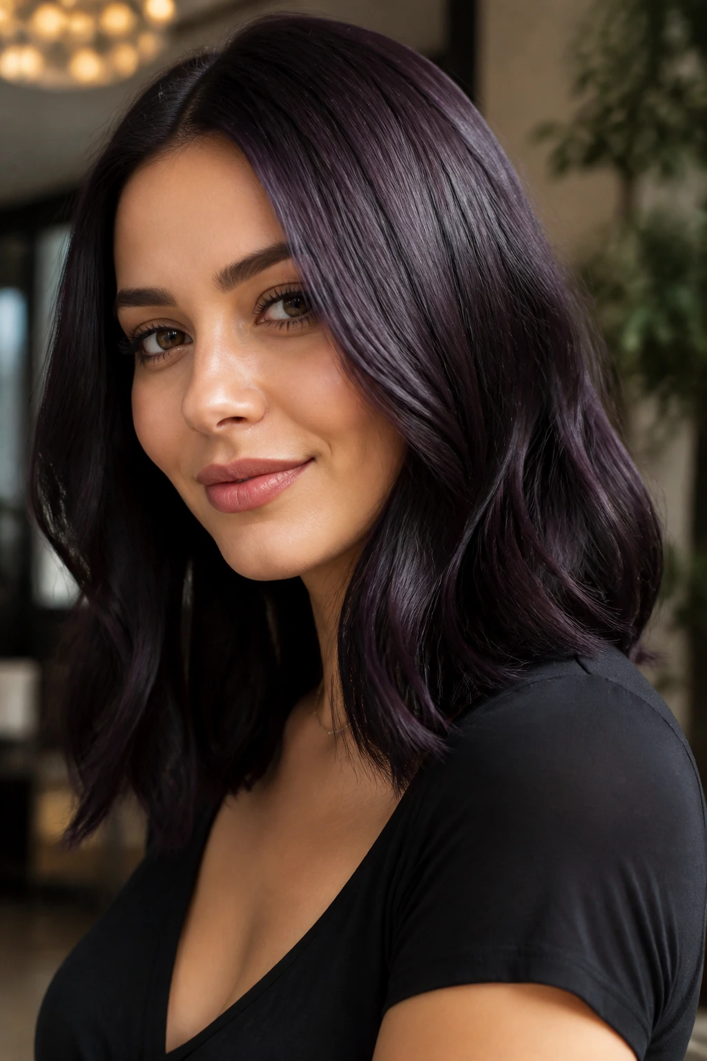 Close-up of a real woman with shoulder-length plum noir hair, glossy violet-black color