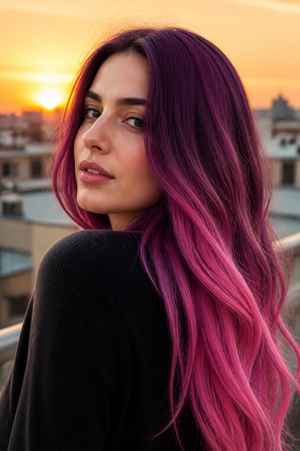 Close-up of a real woman with plum to pink gradient hair