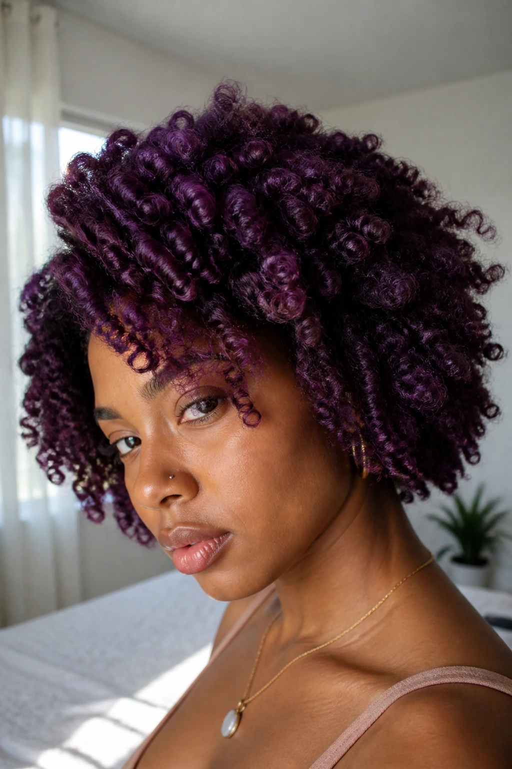 Close-up of twist-out curls in plum purple color in natural light