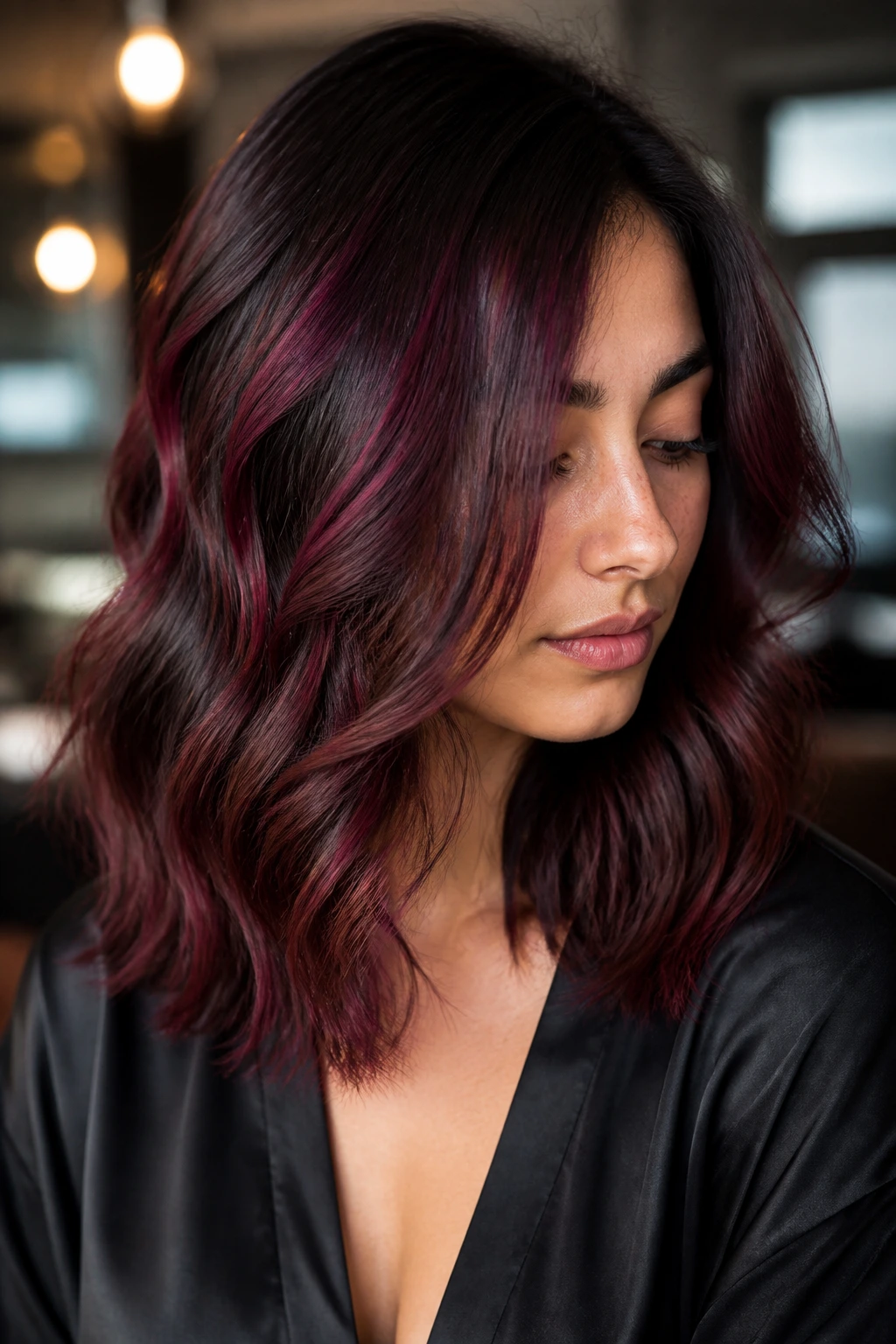 Portrait showing plum-red ribbon highlights woven through layered hair